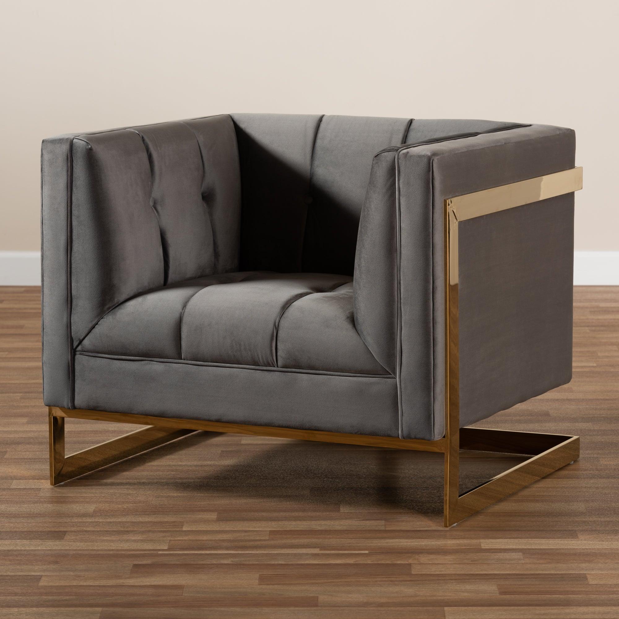 Ambra Glam and Luxe Velvet Fabric Upholstered and Button Tufted Armchair with -Tone Frame