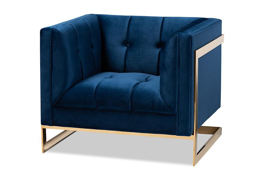 Ambra Glam and Luxe Royal Velvet Fabric Upholstered and Button Tufted Armchair with -Tone Frame