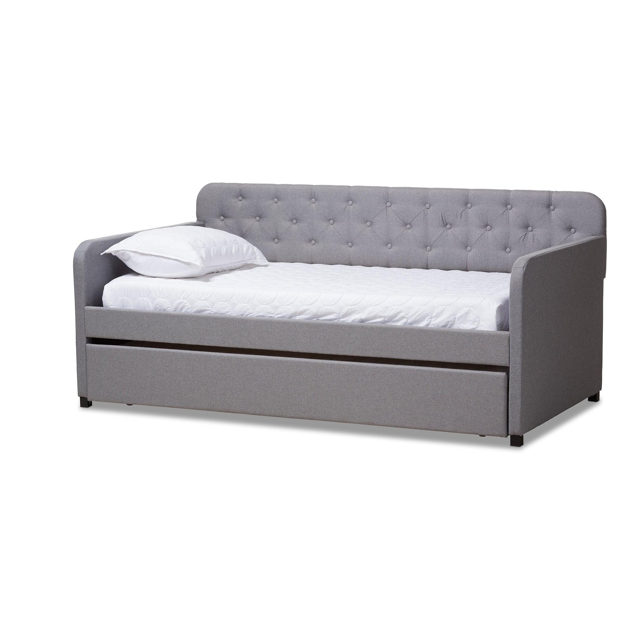 Camelia Modern and Contemporary Fabric Upholstered Button-Tufted Sofa Daybed with Roll-Out Trundle Guest Bed