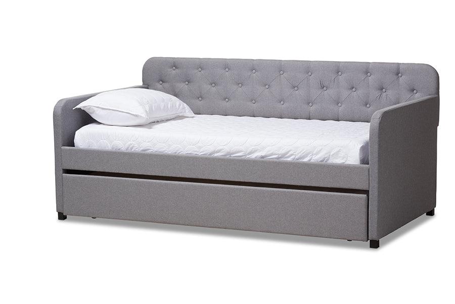 Camelia Modern and Contemporary Fabric Upholstered Button-Tufted Sofa Daybed with Roll-Out Trundle Guest Bed