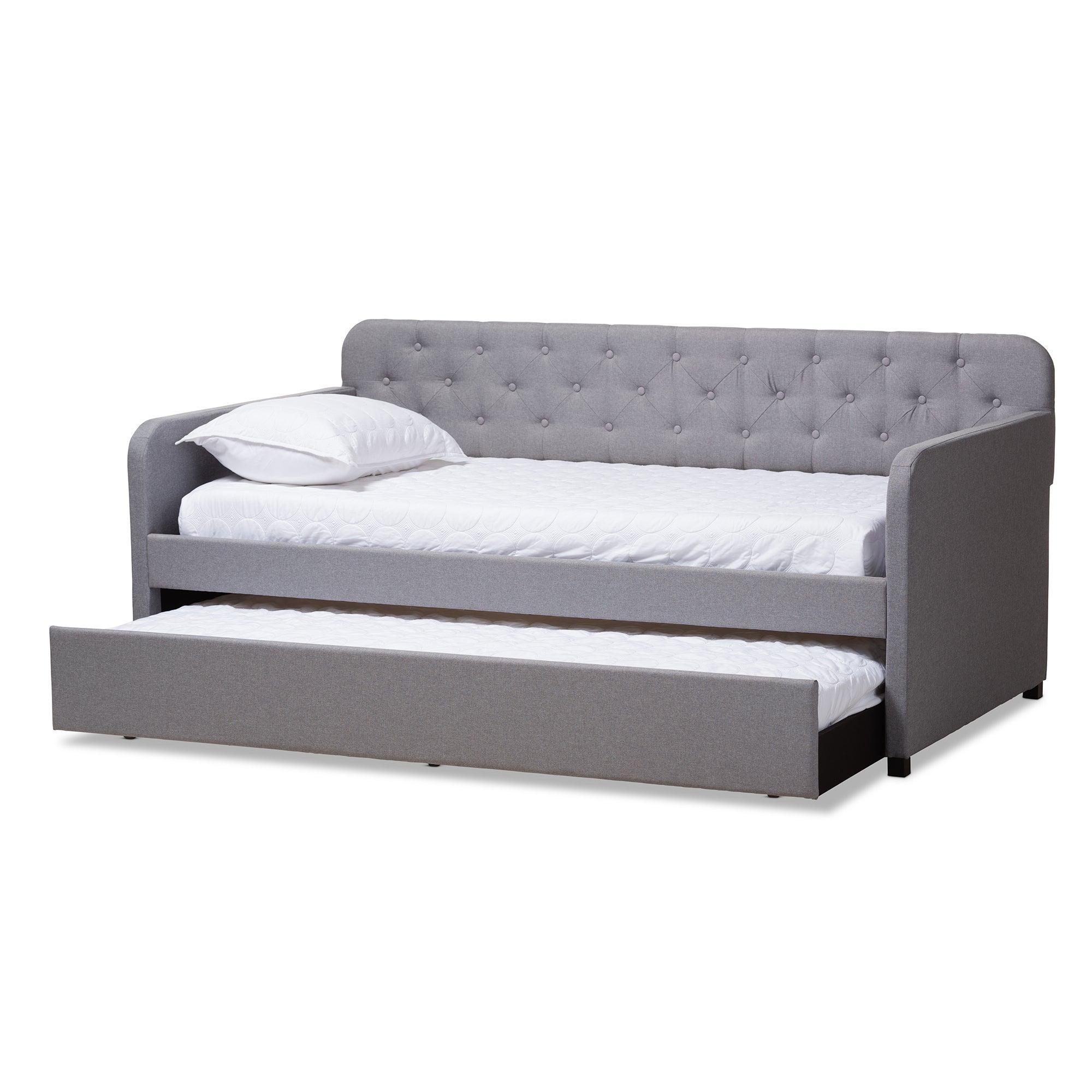 Camelia Modern and Contemporary Fabric Upholstered Button-Tufted Sofa Daybed with Roll-Out Trundle Guest Bed