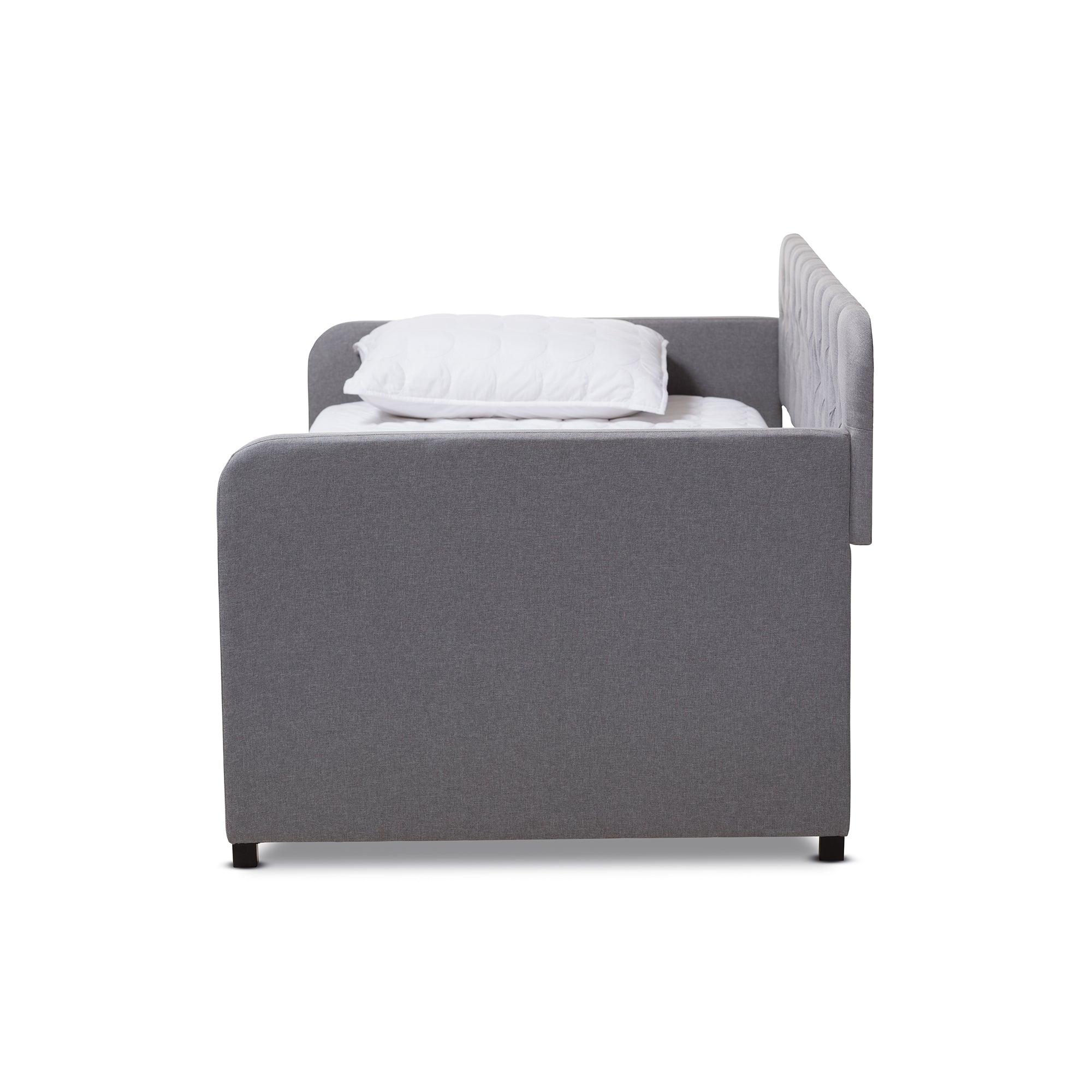 Camelia Modern and Contemporary Fabric Upholstered Button-Tufted Sofa Daybed with Roll-Out Trundle Guest Bed