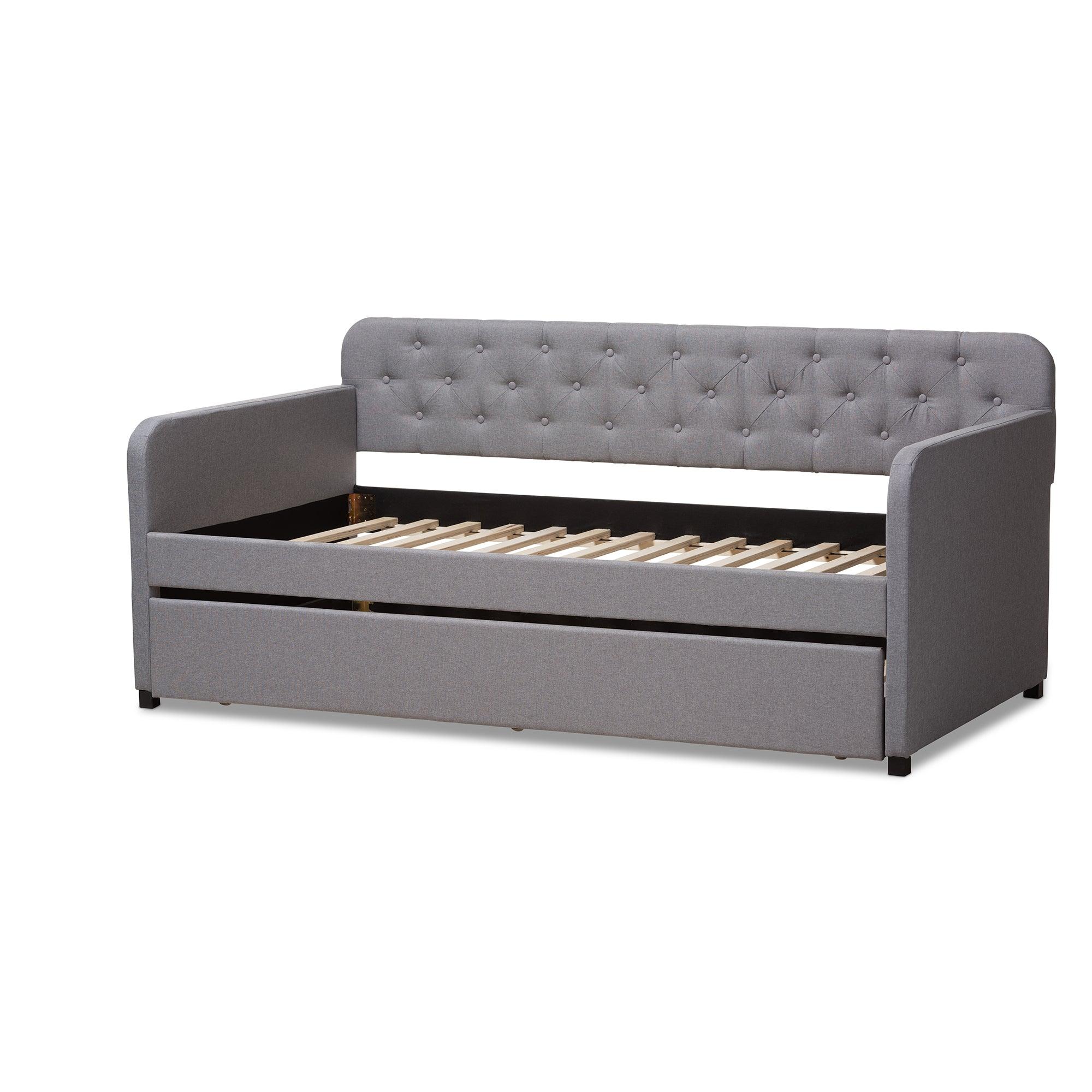 Camelia Modern and Contemporary Fabric Upholstered Button-Tufted Sofa Daybed with Roll-Out Trundle Guest Bed