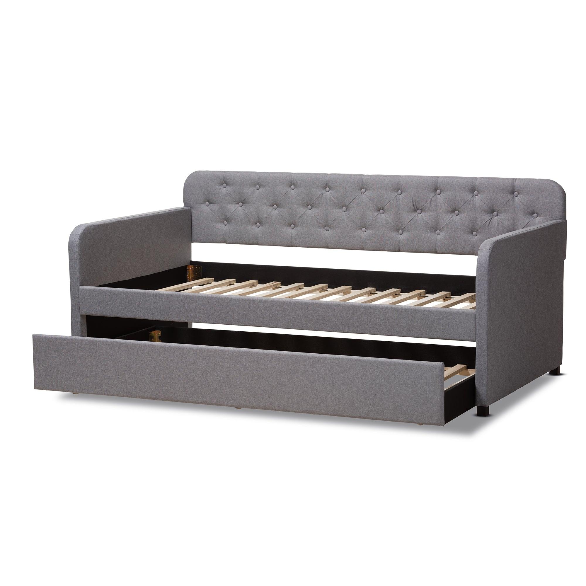 Camelia Modern and Contemporary Fabric Upholstered Button-Tufted Sofa Daybed with Roll-Out Trundle Guest Bed