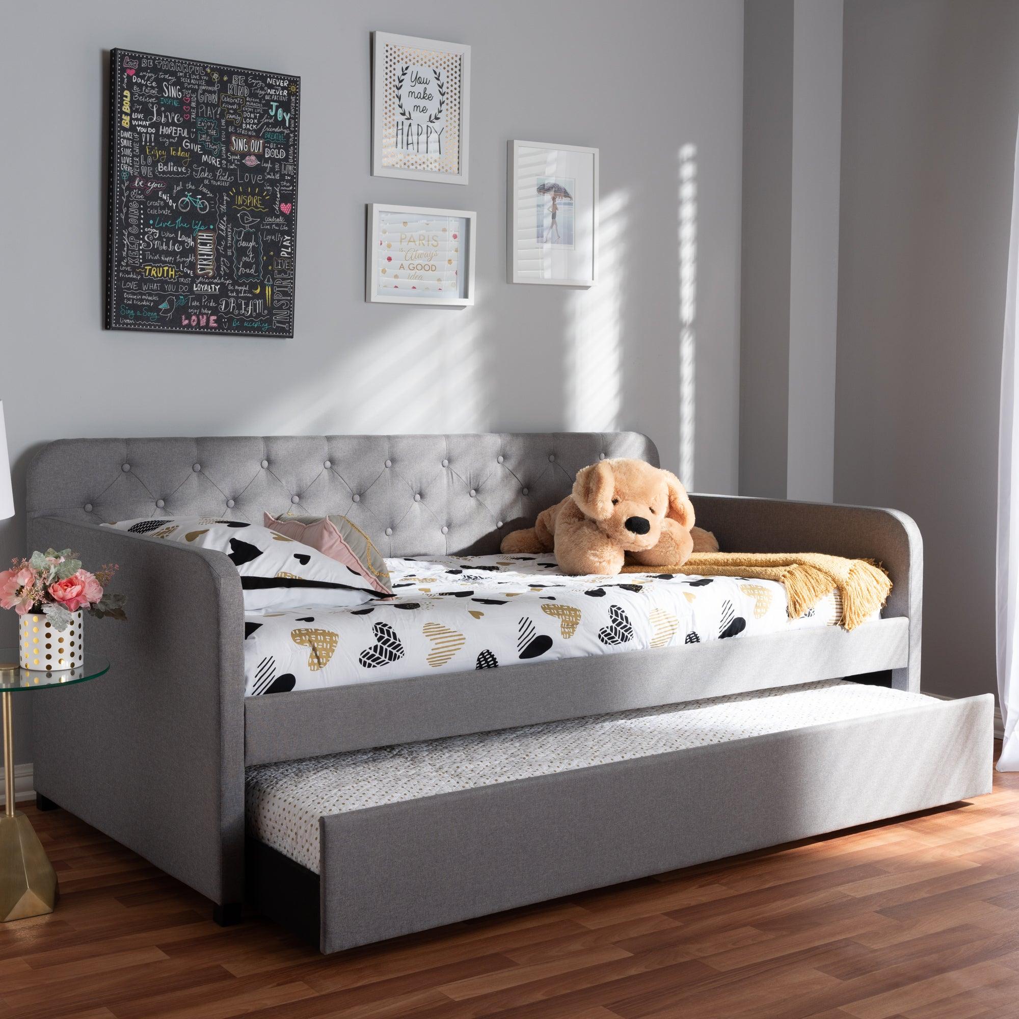 Camelia Modern and Contemporary Fabric Upholstered Button-Tufted Sofa Daybed with Roll-Out Trundle Guest Bed