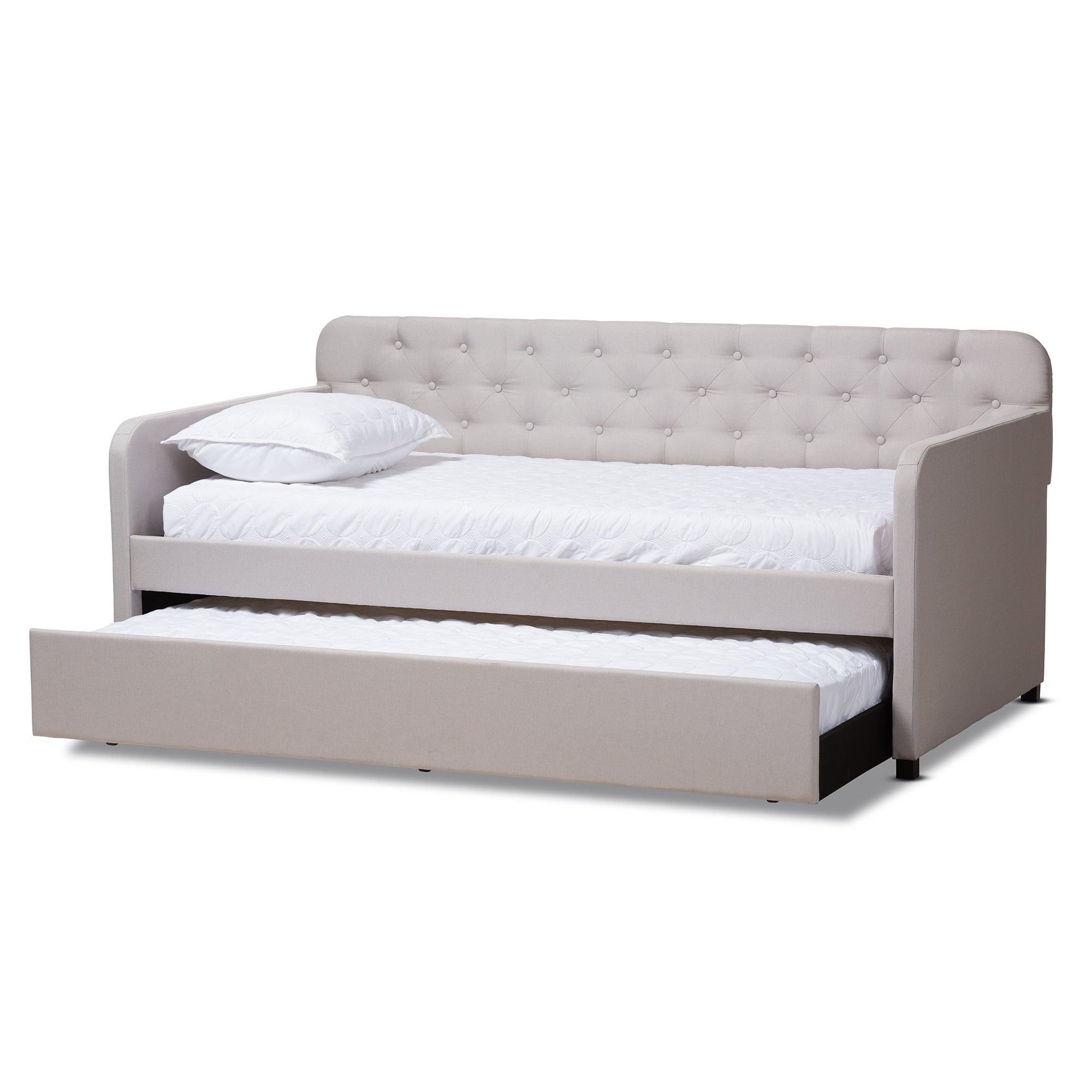 Camelia Modern and Contemporary Fabric Upholstered Button-Tufted Sofa Daybed with Roll-Out Trundle Guest Bed