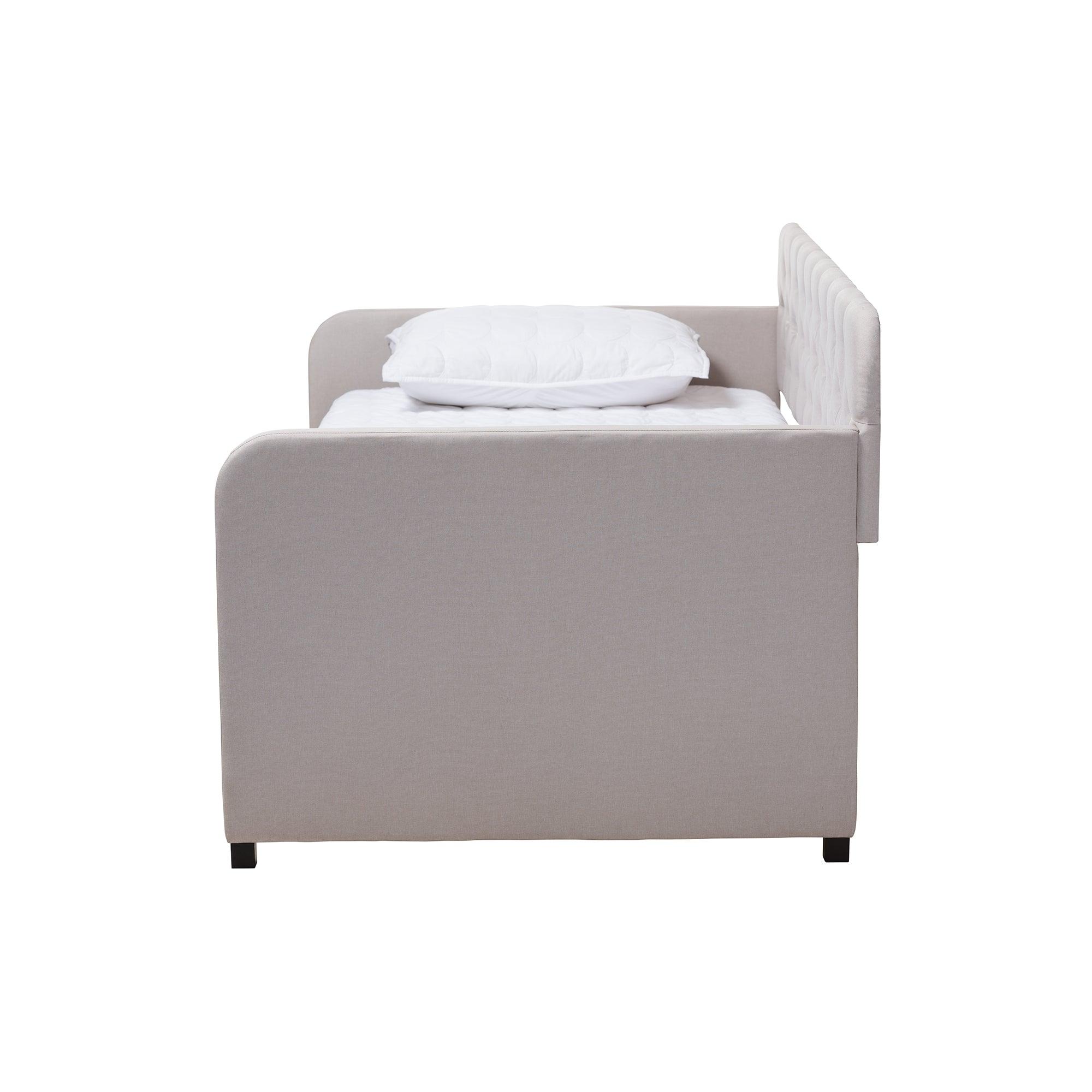 Camelia Modern and Contemporary Fabric Upholstered Button-Tufted Sofa Daybed with Roll-Out Trundle Guest Bed