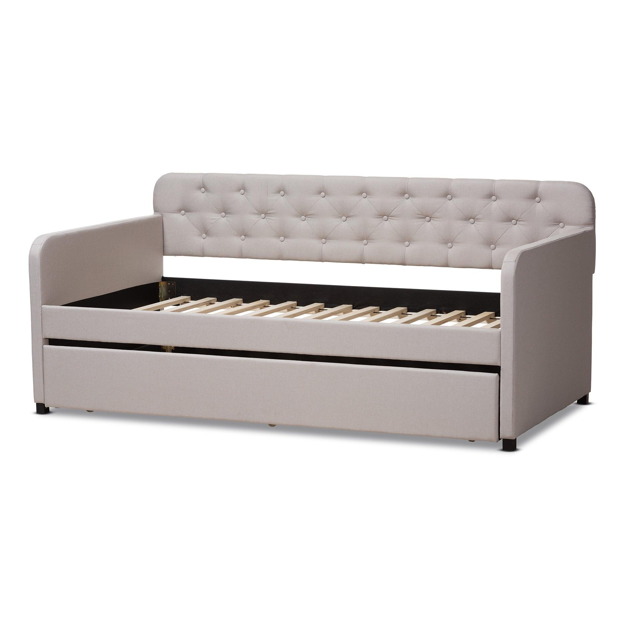 Camelia Modern and Contemporary Fabric Upholstered Button-Tufted Sofa Daybed with Roll-Out Trundle Guest Bed