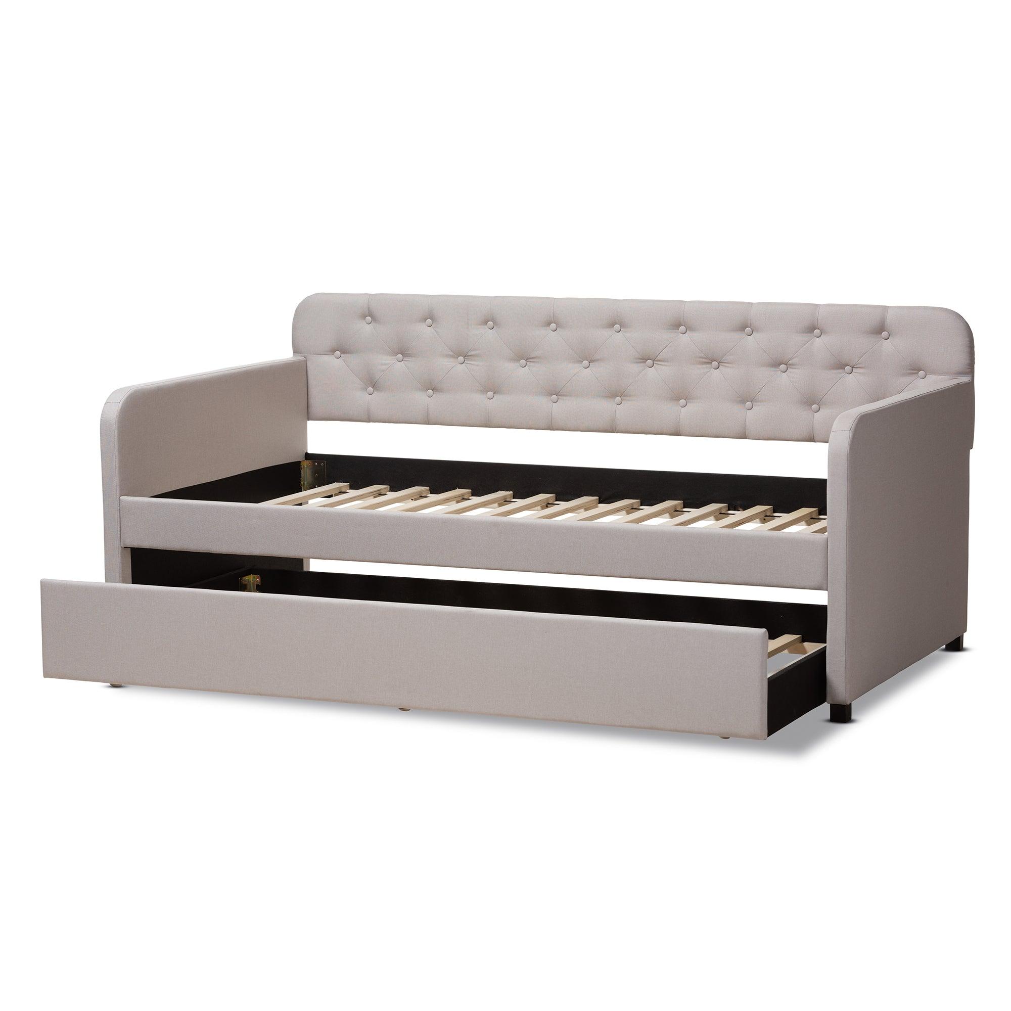Camelia Modern and Contemporary Fabric Upholstered Button-Tufted Sofa Daybed with Roll-Out Trundle Guest Bed