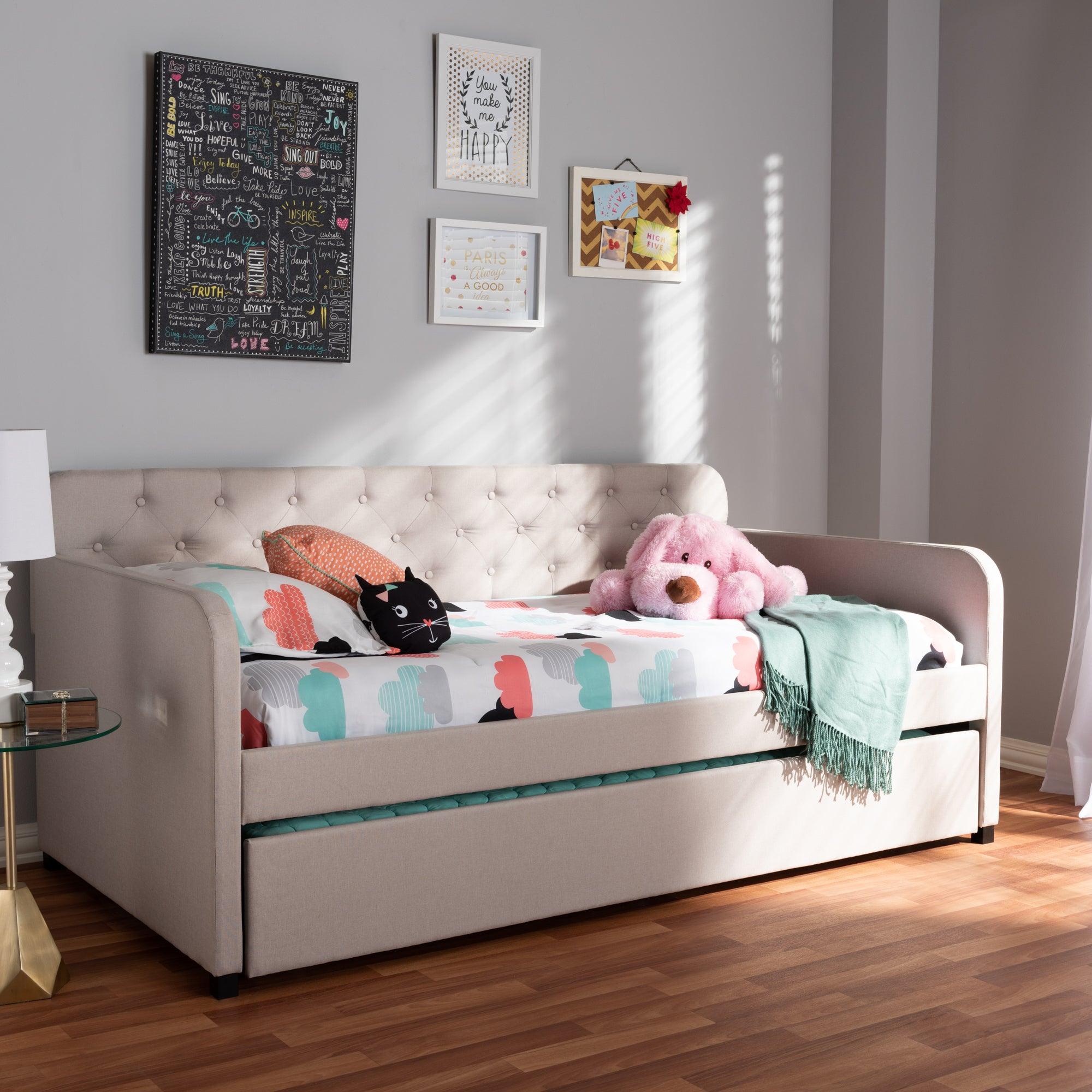 Camelia Modern and Contemporary Fabric Upholstered Button-Tufted Sofa Daybed with Roll-Out Trundle Guest Bed