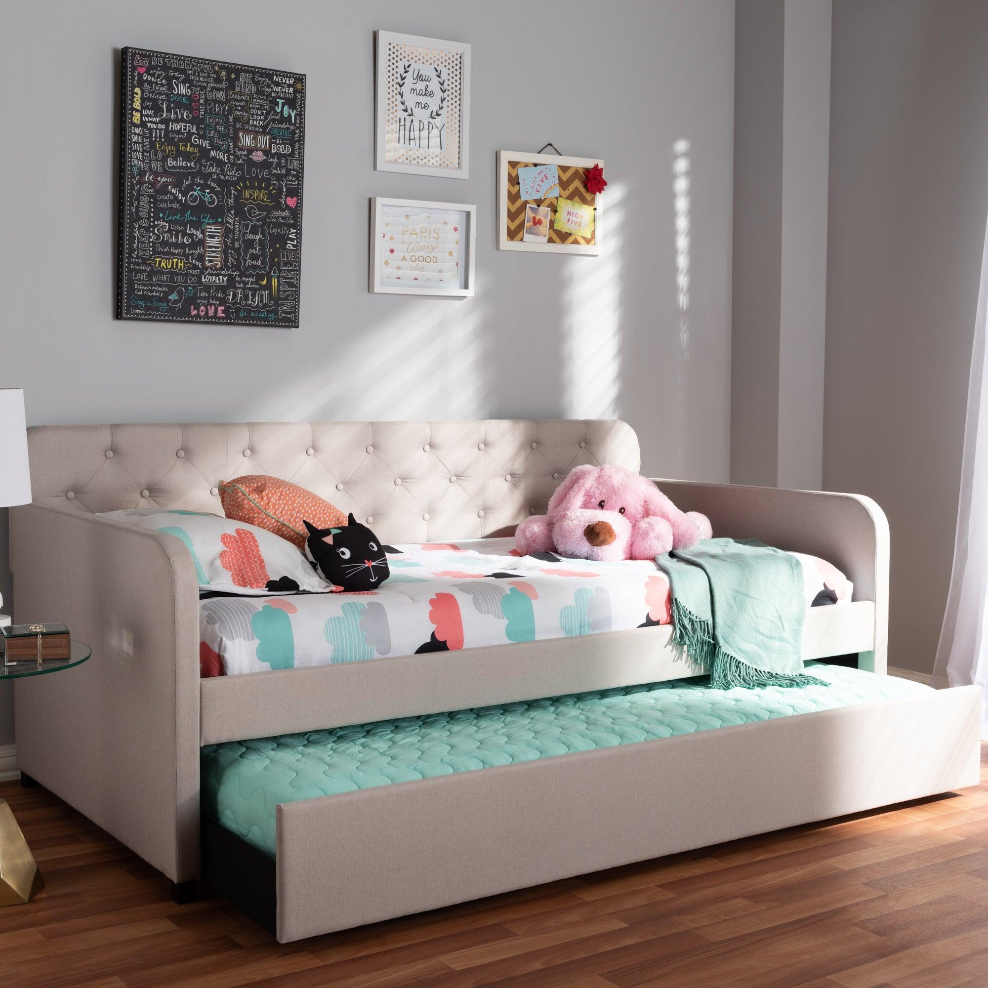 Camelia Modern and Contemporary Fabric Upholstered Button-Tufted Sofa Daybed with Roll-Out Trundle Guest Bed