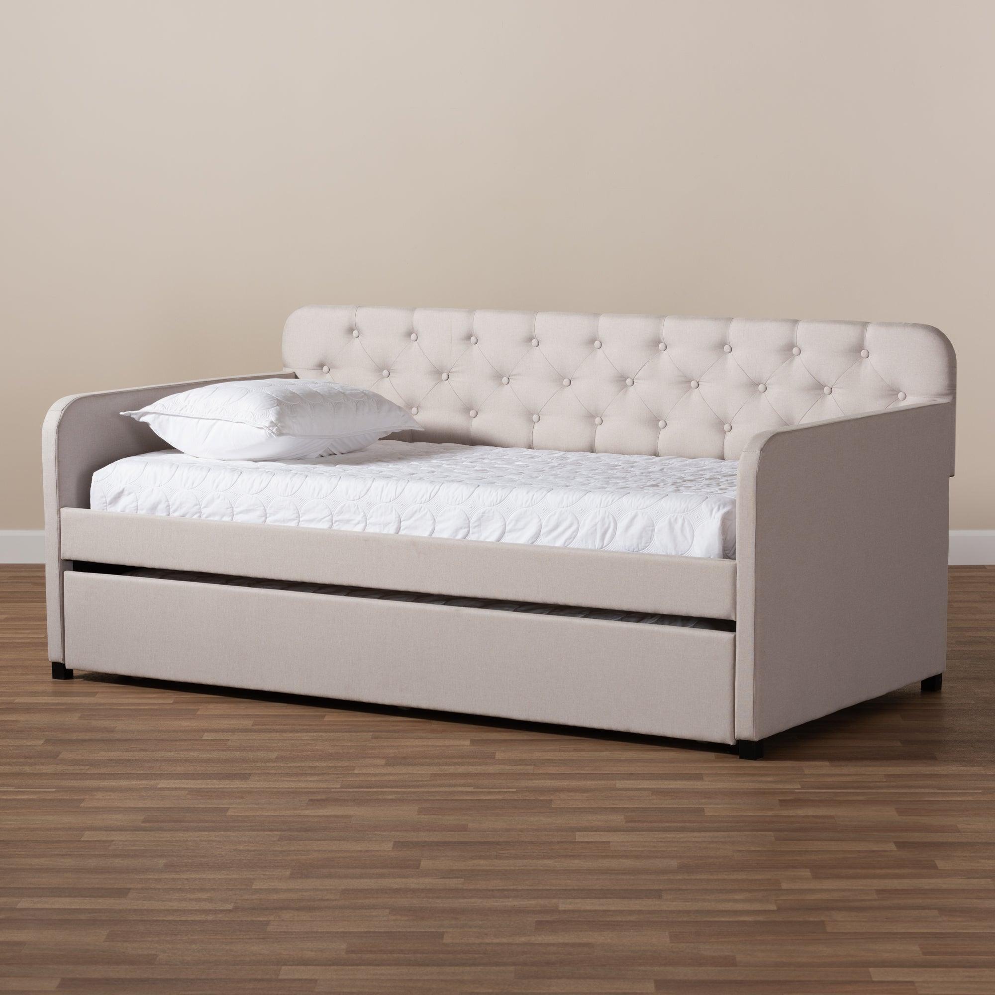 Camelia Modern and Contemporary Fabric Upholstered Button-Tufted Sofa Daybed with Roll-Out Trundle Guest Bed