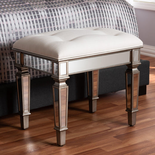 Marielle Hollywood Regency Glamour Style Off Fabric Upholstered Mirrored Ottoman