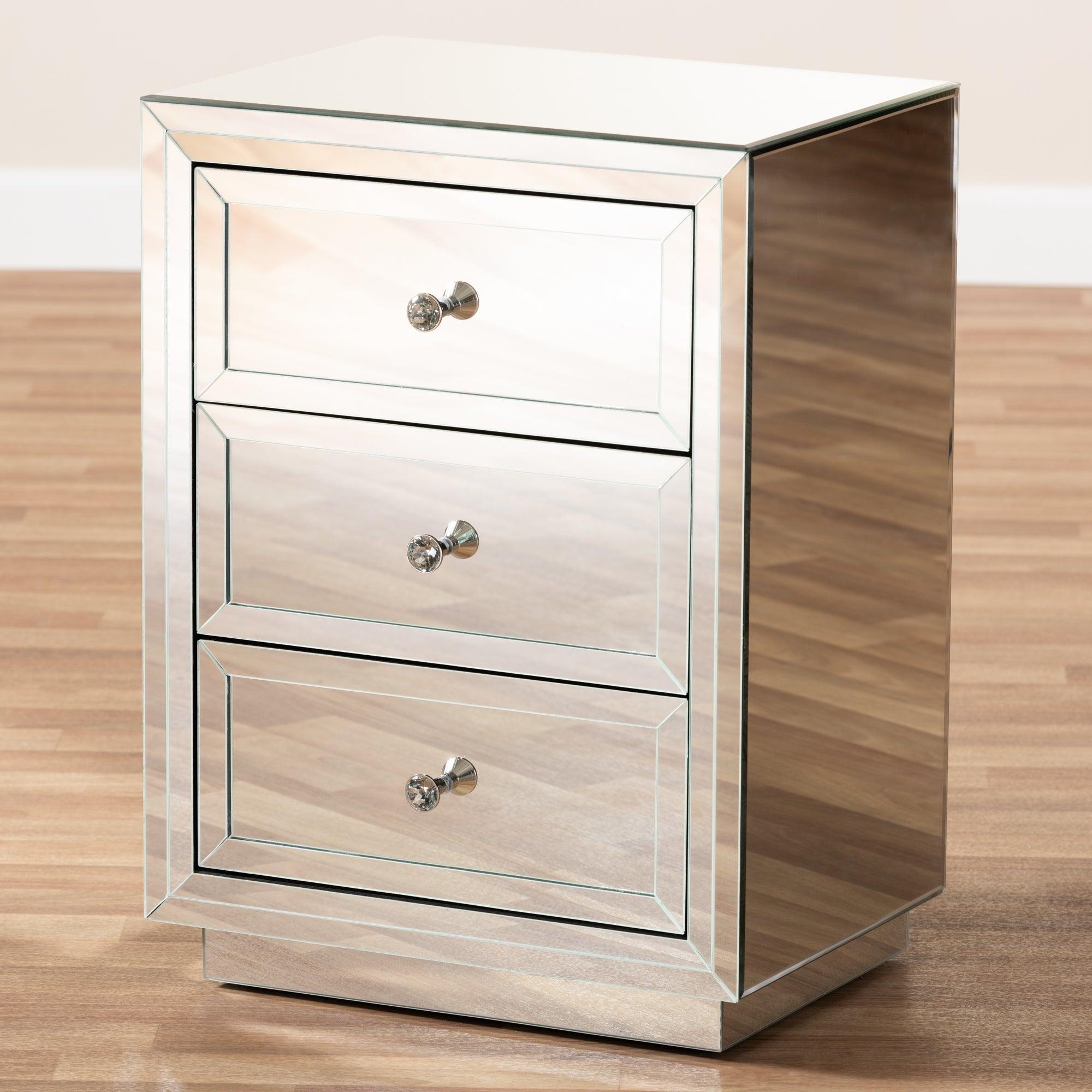 Lina Modern and Contemporary Hollywood Regency Glamour Style Mirrored 3-Drawer End Table