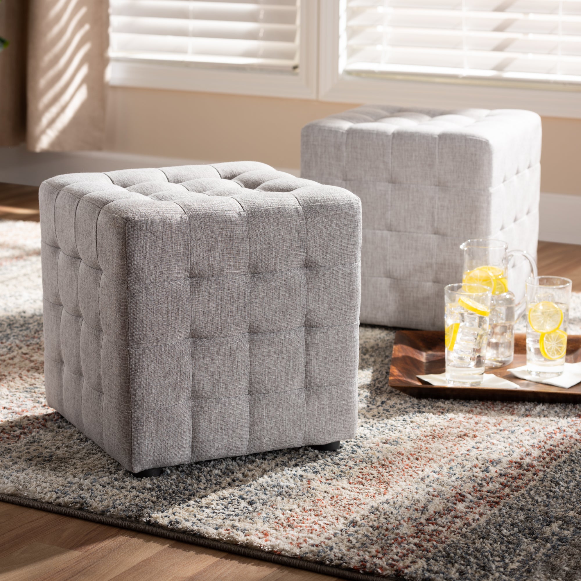 Elladio Modern and Contemporary Fabric Upholstered Tufted Cube Ottoman Set of 2