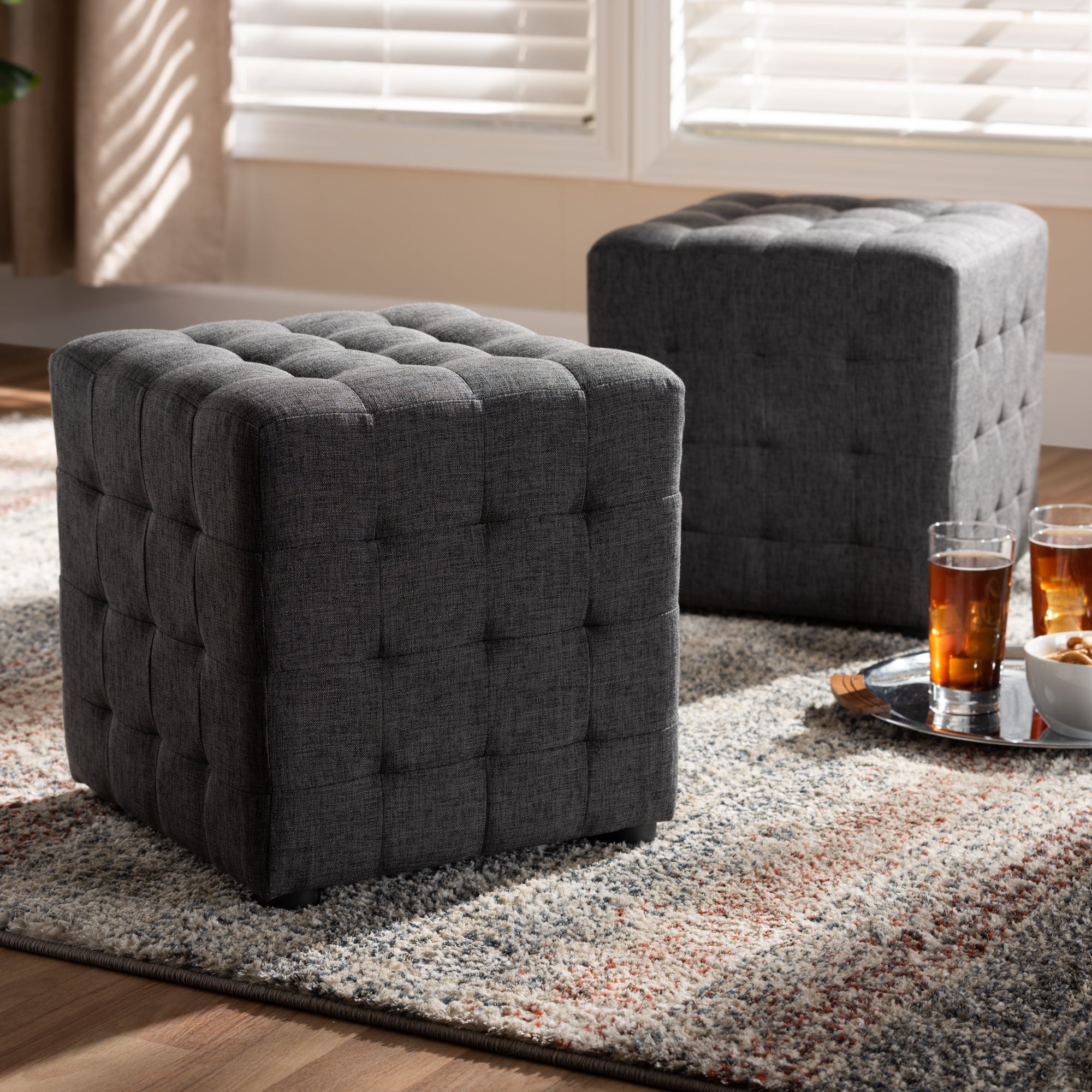 Elladio Modern and Contemporary Fabric Upholstered Tufted Cube Ottoman Set of 2