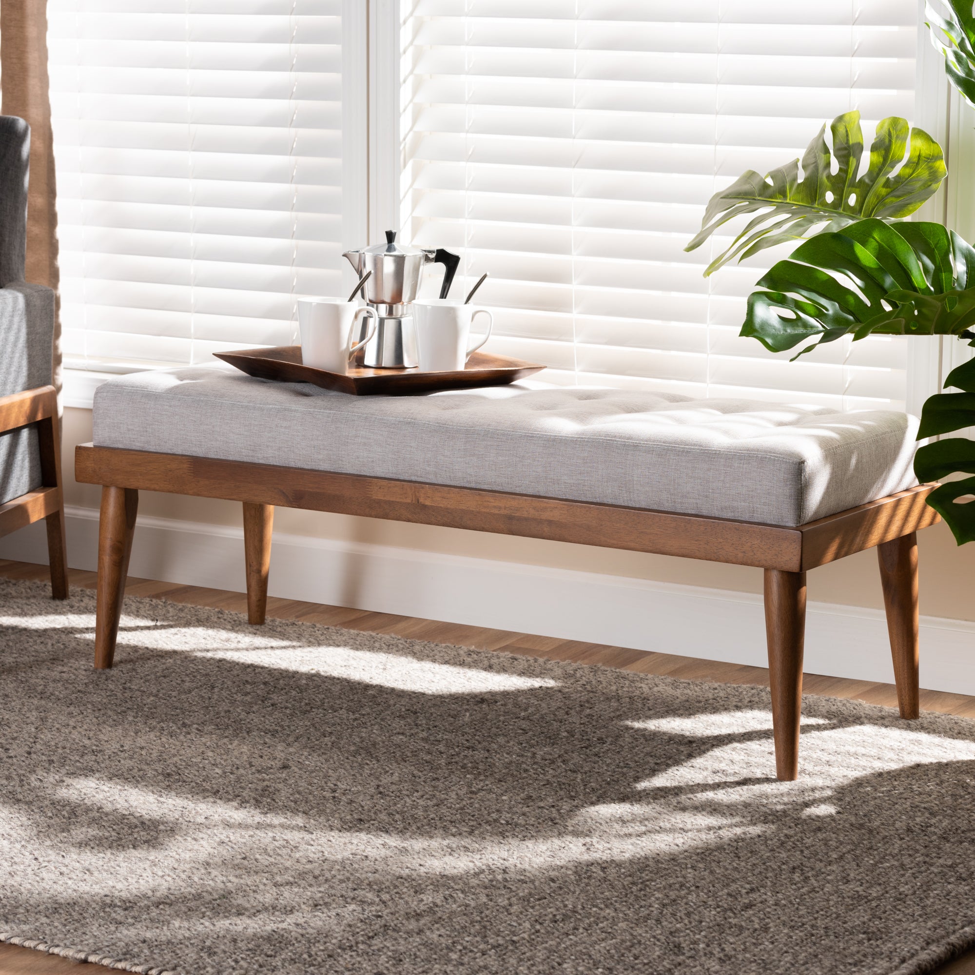 Linus Mid-Century Modern Fabric Upholstered and Button Tufted Wood Bench