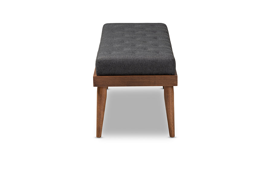 Linus Mid-Century Modern Fabric Upholstered and Button Tufted Wood Bench