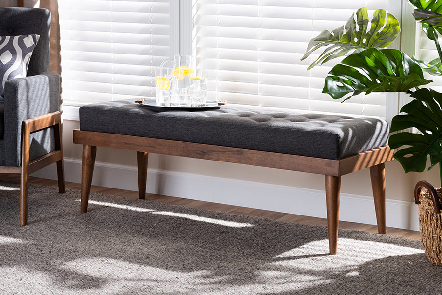 Linus Mid-Century Modern Fabric Upholstered and Button Tufted Wood Bench