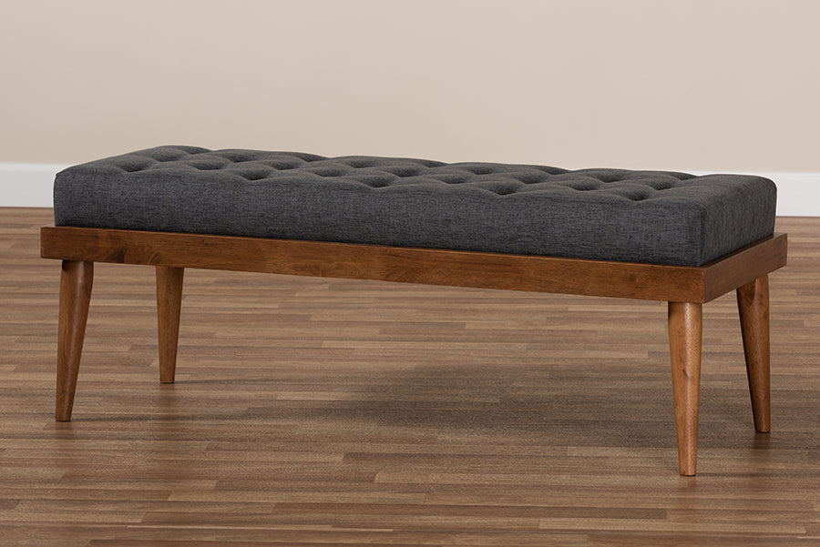 Linus Mid-Century Modern Fabric Upholstered and Button Tufted Wood Bench