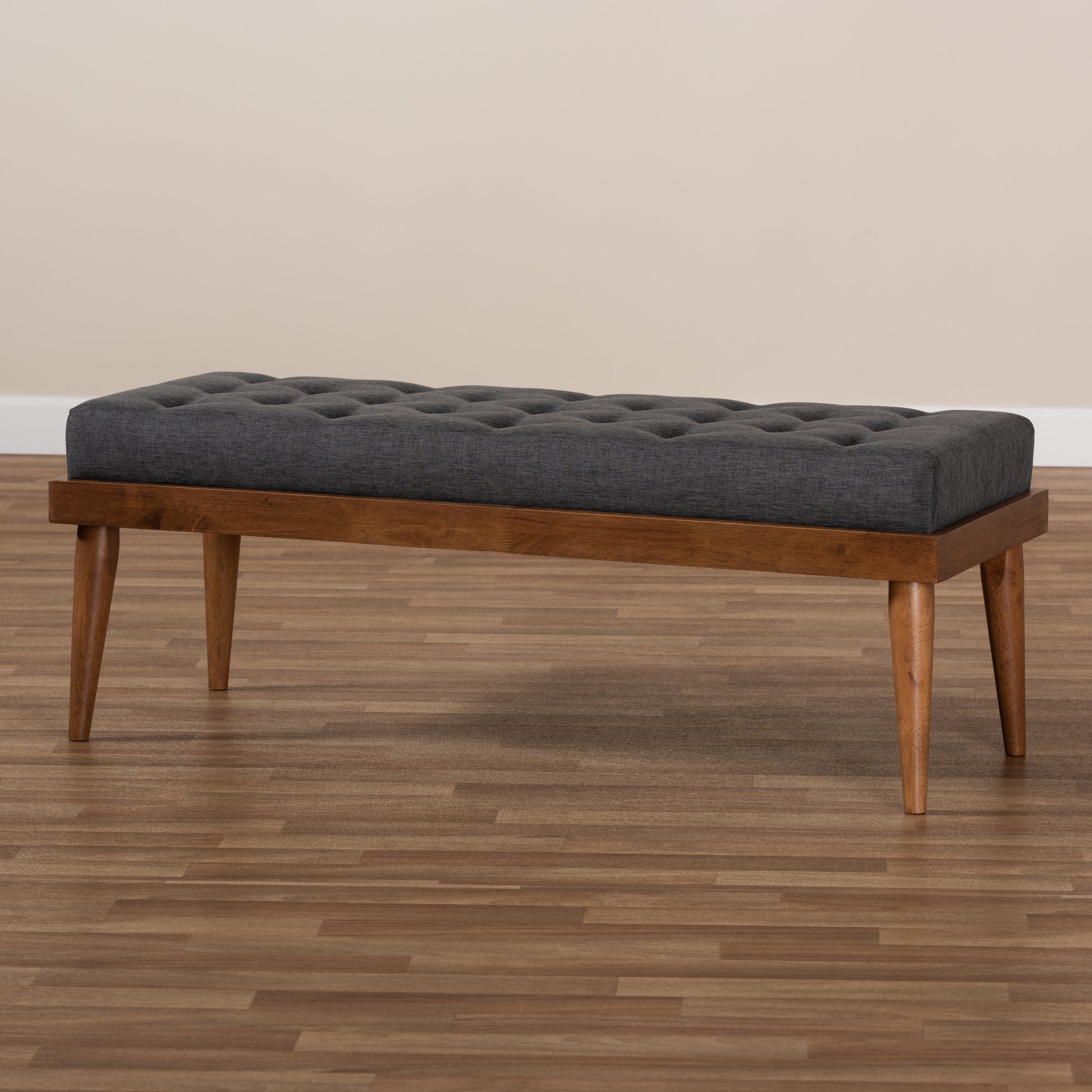 Linus Mid-Century Modern Fabric Upholstered and Button Tufted Wood Bench