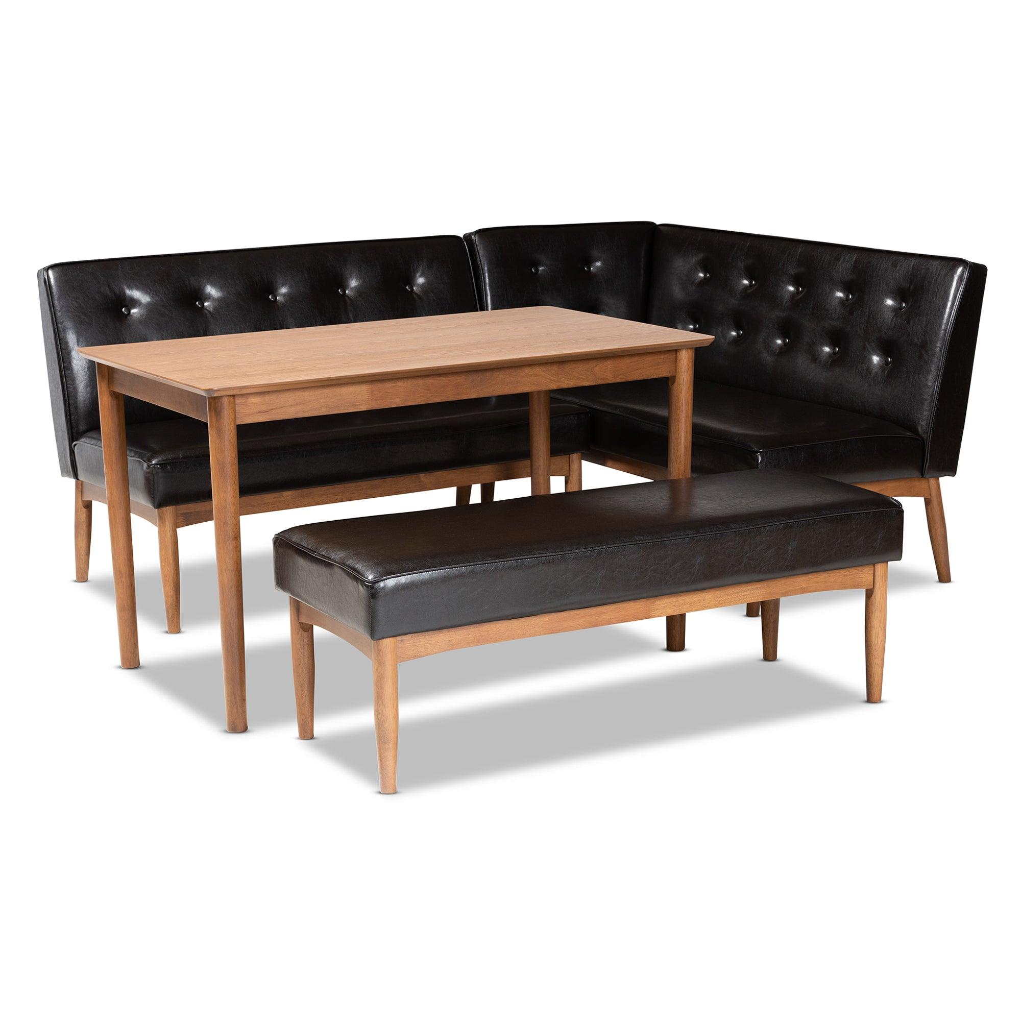 Arvid Mid-Century Modern Faux Leather Upholstered 4-Piece Wood Dining Nook Set