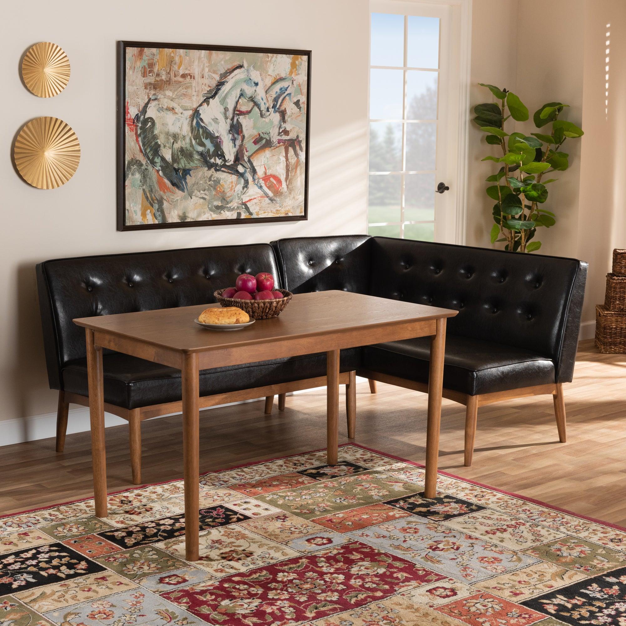 Arvid Mid-Century Modern Faux Leather Upholstered 3-Piece Wood Dining Nook Set