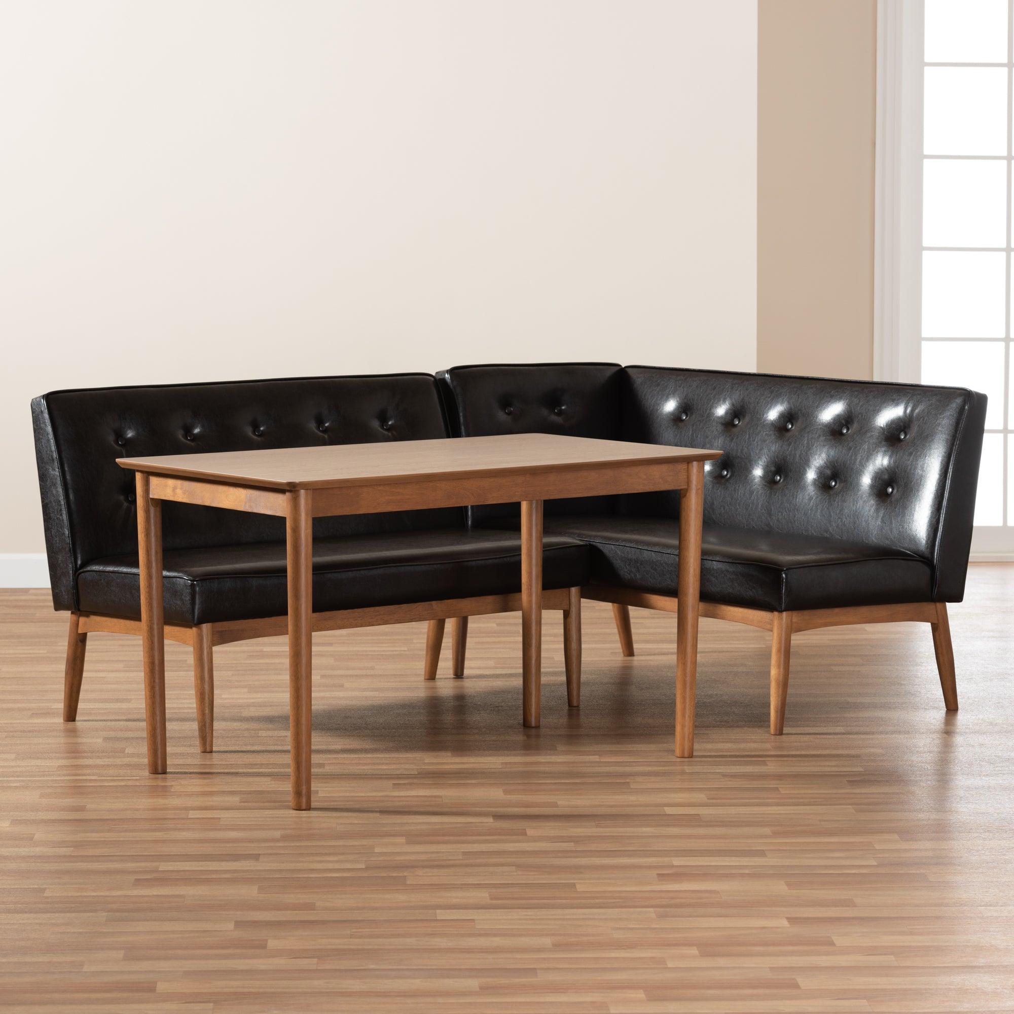 Arvid Mid-Century Modern Faux Leather Upholstered 3-Piece Wood Dining Nook Set