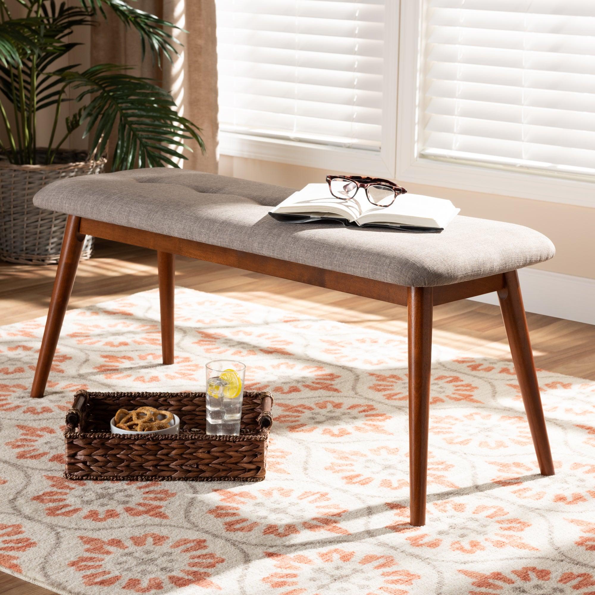 Flora II Mid-Century Modern Light Fabric Upholstered Medium Finished Wood Dining Bench