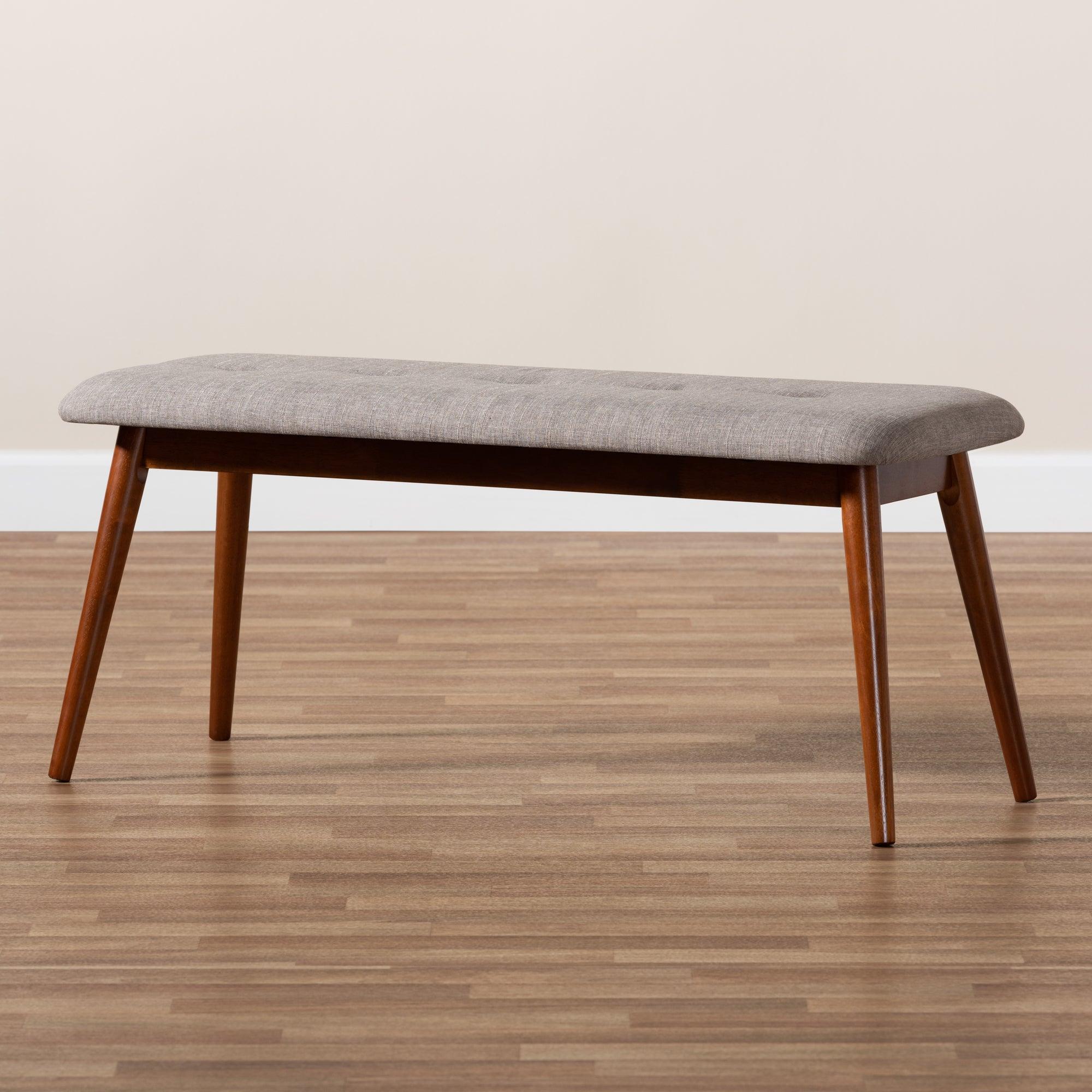 Flora II Mid-Century Modern Light Fabric Upholstered Medium Finished Wood Dining Bench