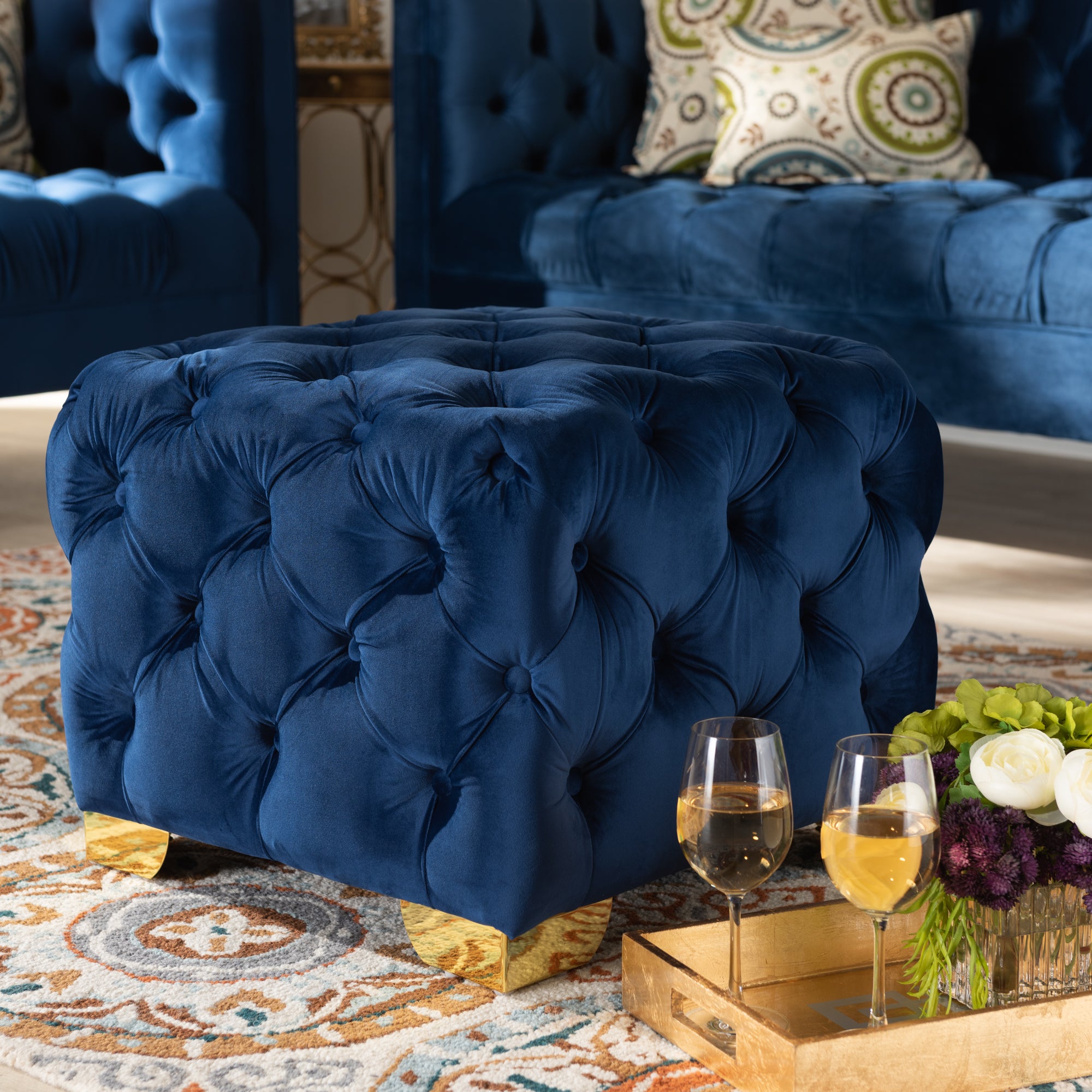 Avara Glam and Luxe Velvet Fabric Upholstered Finished Button Tufted Ottoman