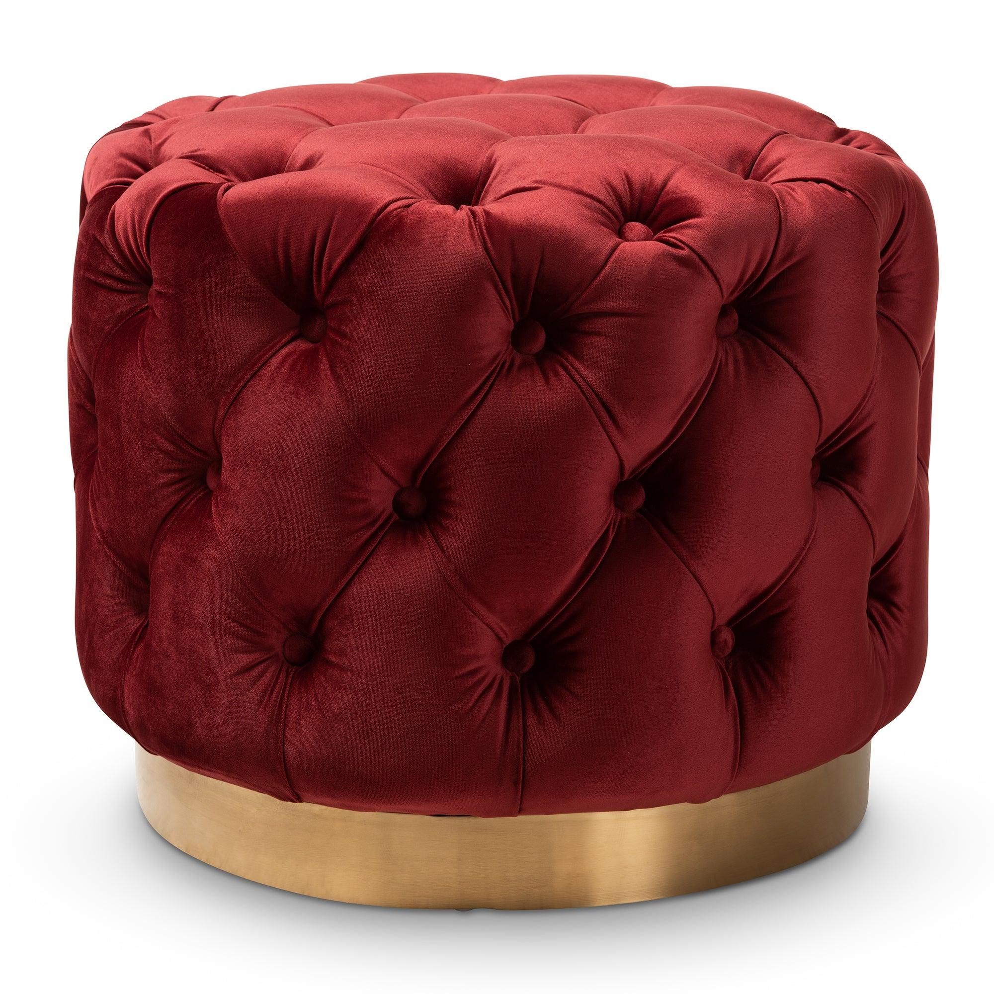 Valeria Glam Burgundy Velvet Fabric Upholstered -Finished Button Tufted Ottoman