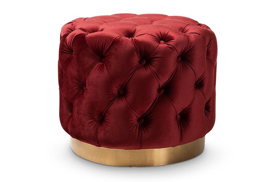 Valeria Glam Burgundy Velvet Fabric Upholstered -Finished Button Tufted Ottoman