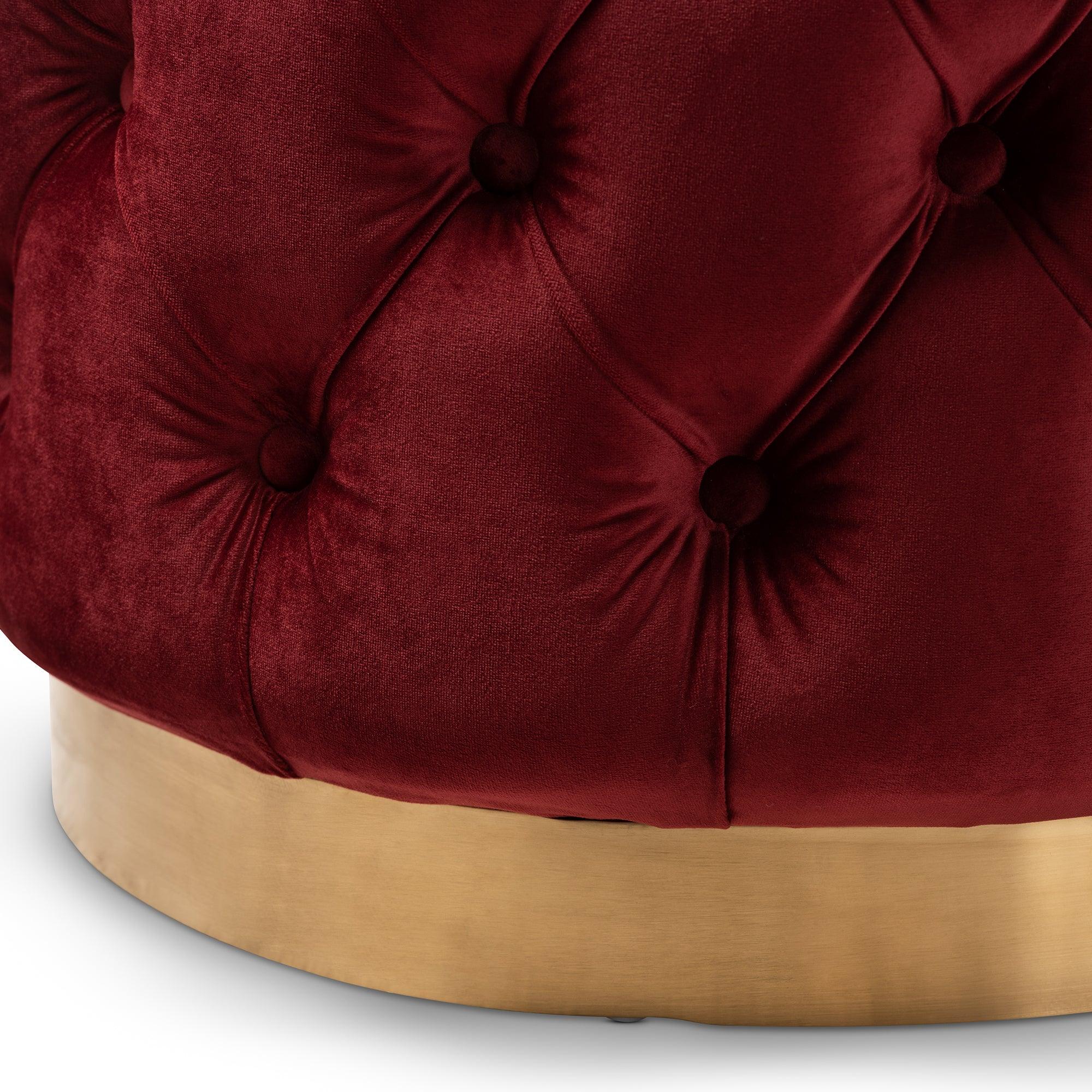 Valeria Glam Burgundy Velvet Fabric Upholstered -Finished Button Tufted Ottoman
