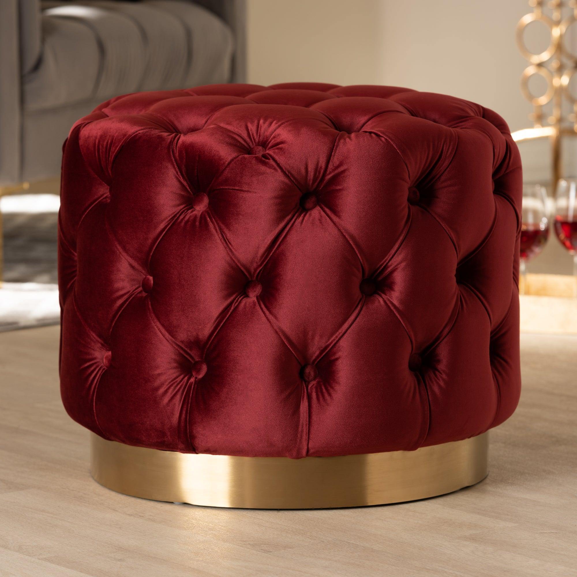 Valeria Glam Burgundy Velvet Fabric Upholstered -Finished Button Tufted Ottoman