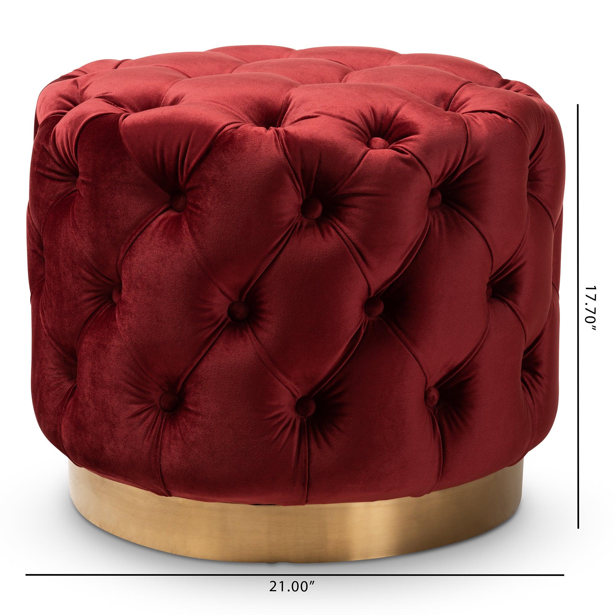 Valeria Glam Burgundy Velvet Fabric Upholstered -Finished Button Tufted Ottoman