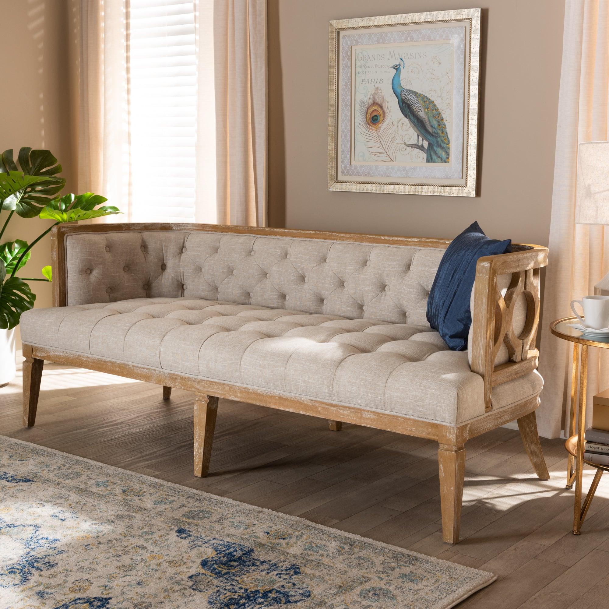 Agnes French Provincial Linen Fabric Upholstered and -Washed Wood Sofa