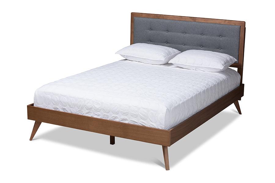 Ines Mid-Century Modern Dark Fabric Upholstered Finished Wood Platform Bed