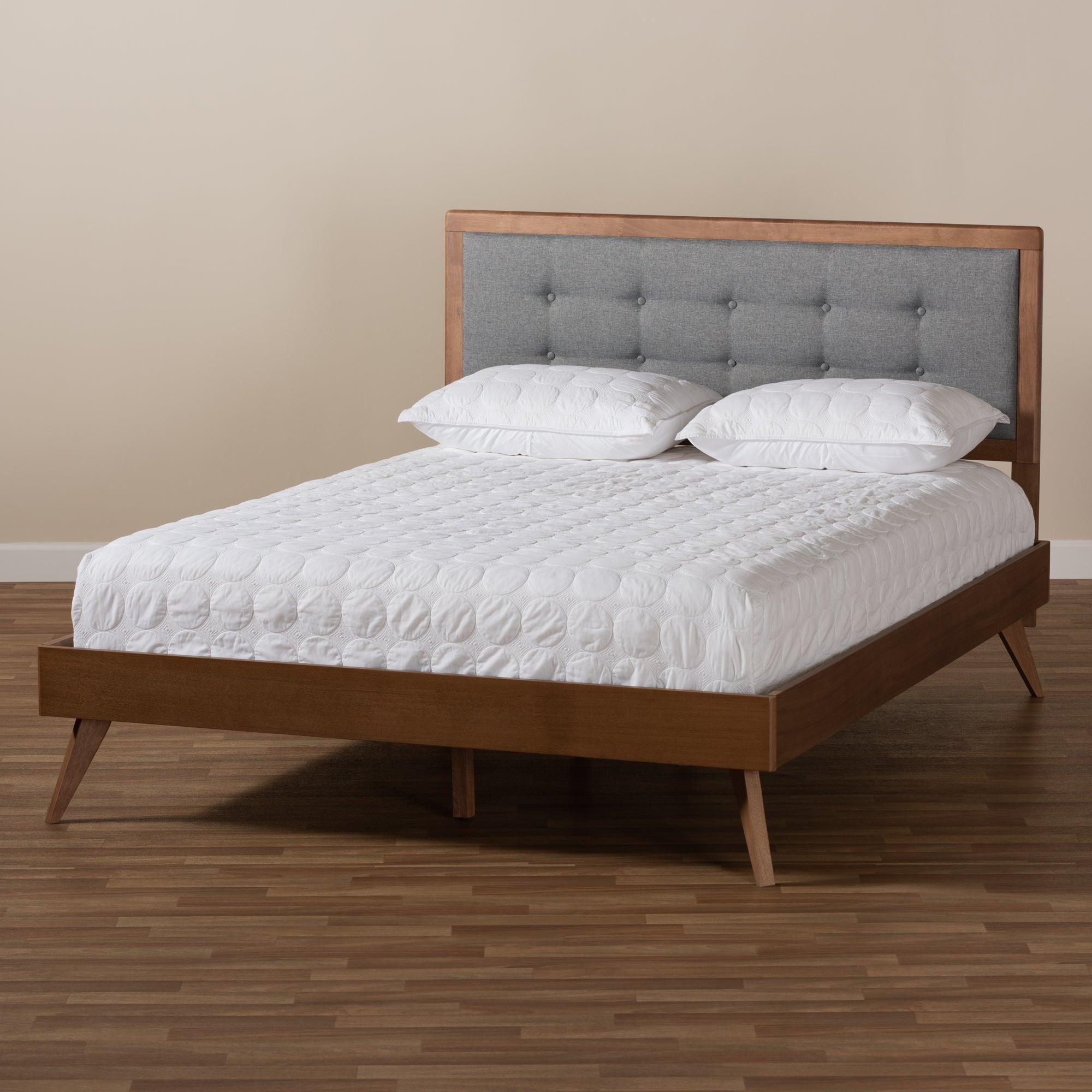 Ines Mid-Century Modern Dark Fabric Upholstered Finished Wood Platform Bed