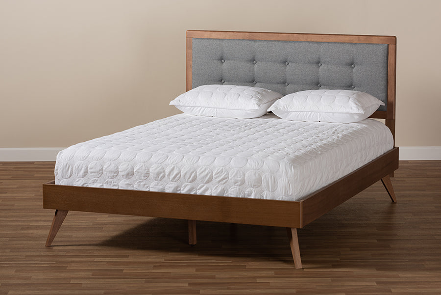 Ines Mid-Century Modern Fabric Upholstered Finished Wood Platform Bed