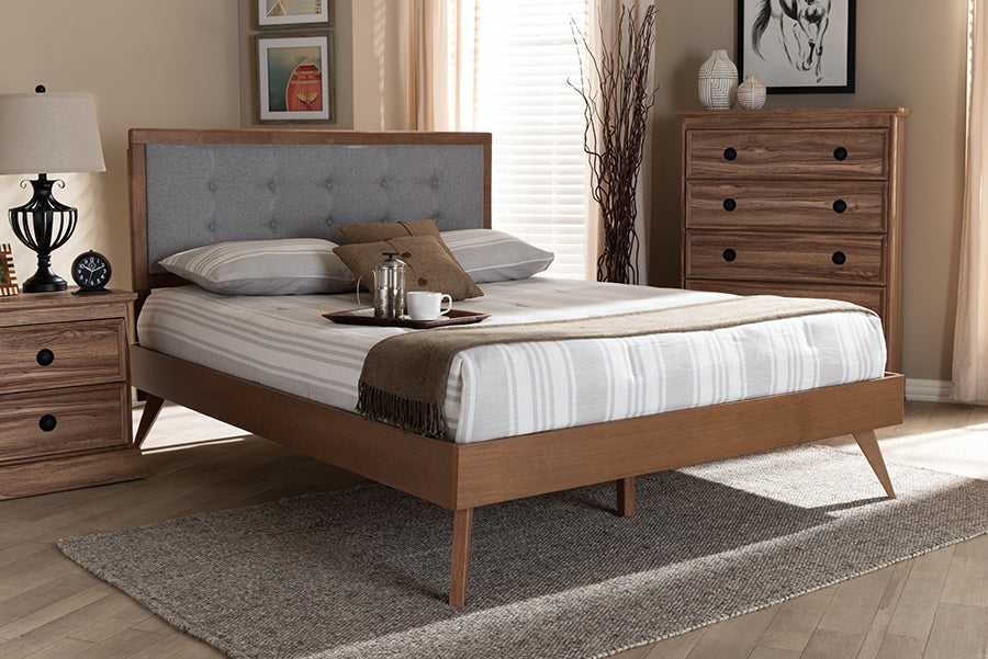 Ines Mid-Century Modern Fabric Upholstered Finished Wood Platform Bed