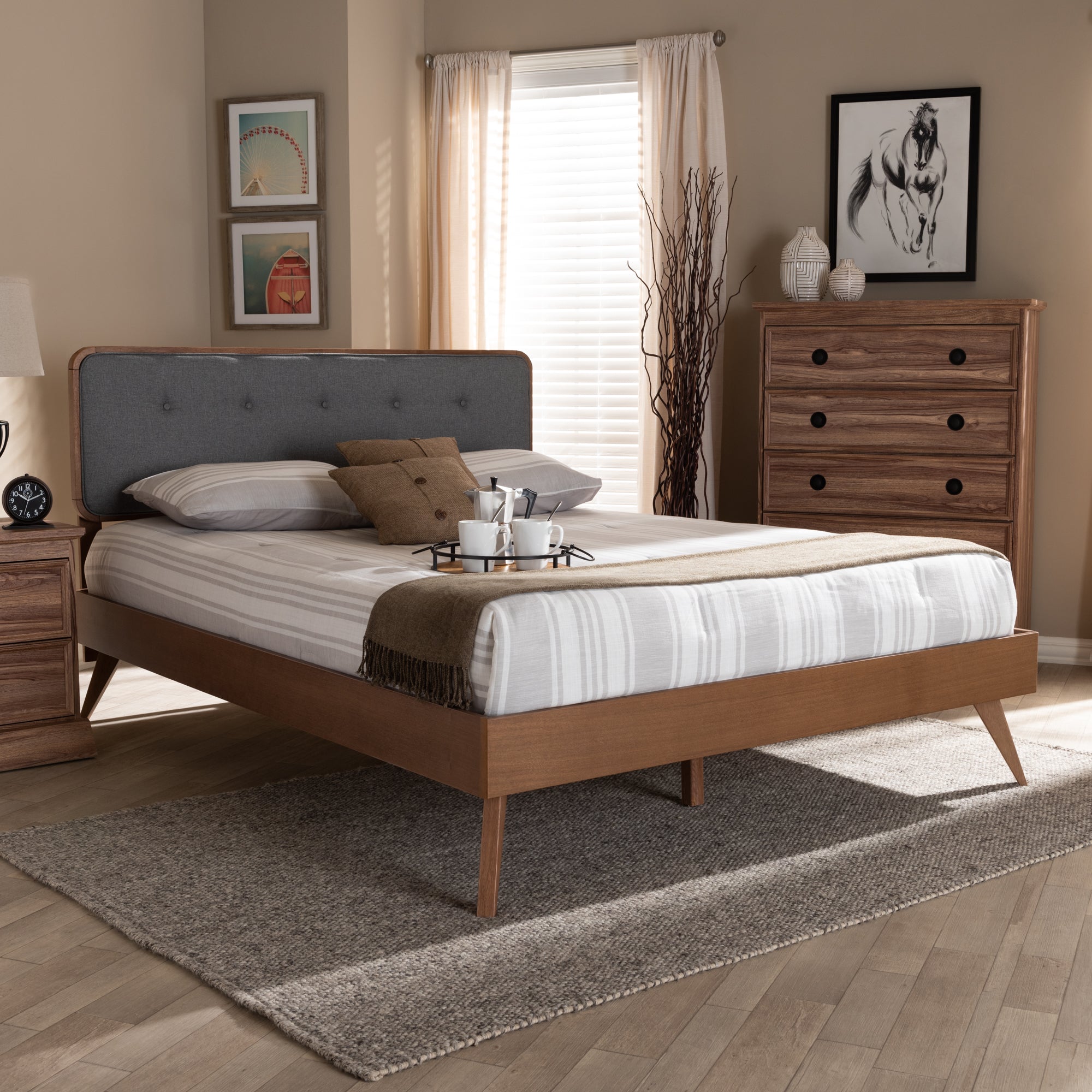 Dilara Mid-Century Modern Fabric Upholstered Finished Wood Platform Bed
