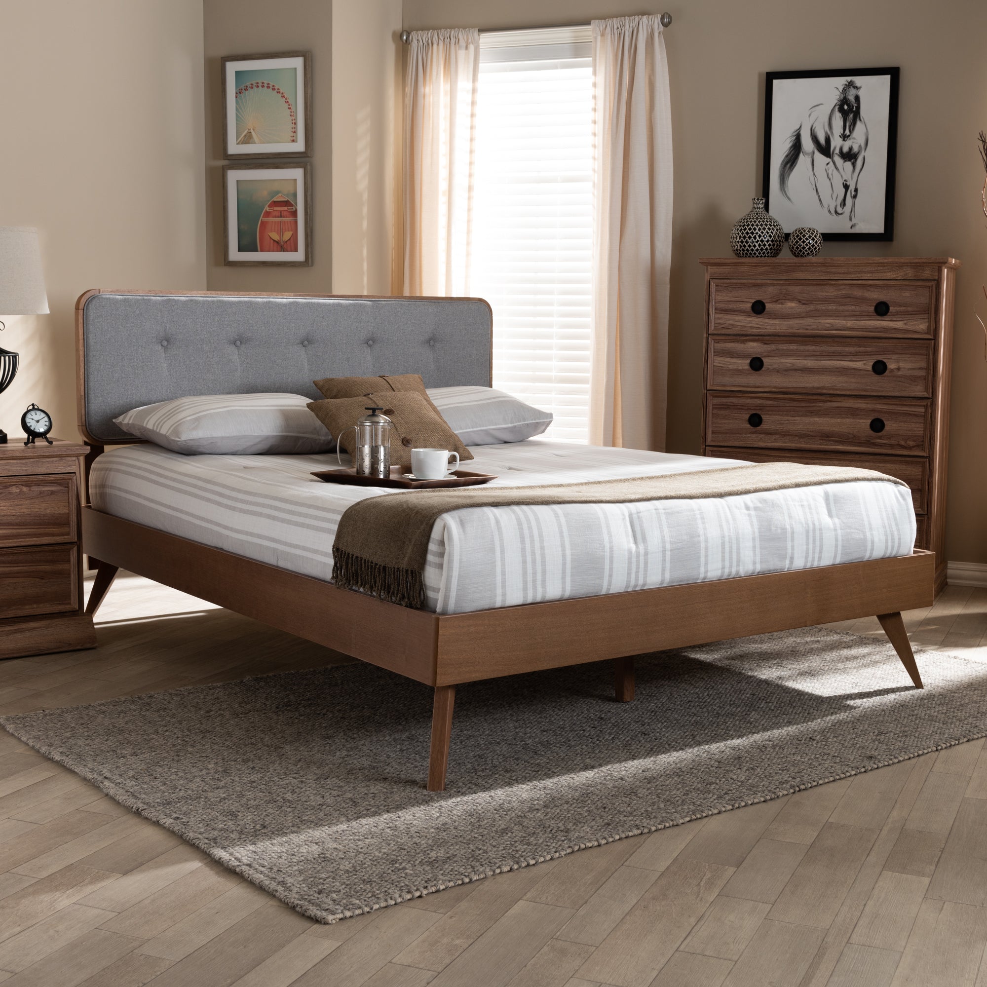Dilara Mid-Century Modern Fabric Upholstered Finished Wood Platform Bed