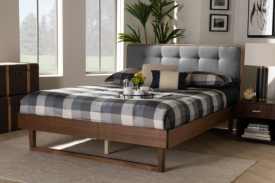 Natalia Mid-Century Modern Fabric Upholstered and Finished Wood Platform Bed