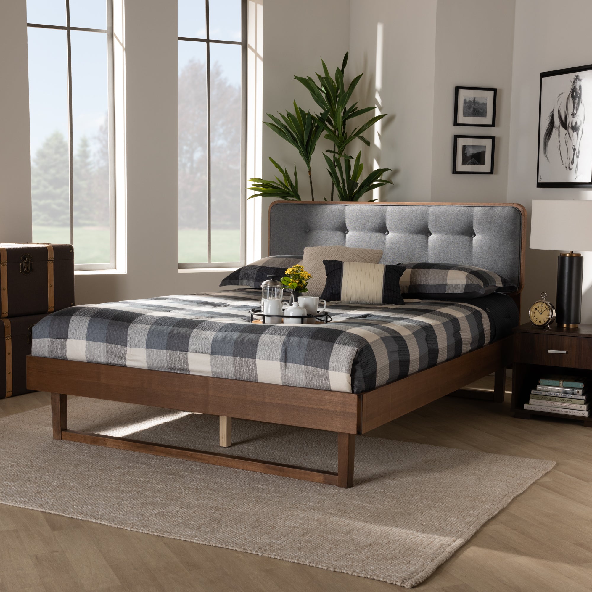 Natalia Mid-Century Modern Fabric Upholstered and Finished Wood Platform Bed