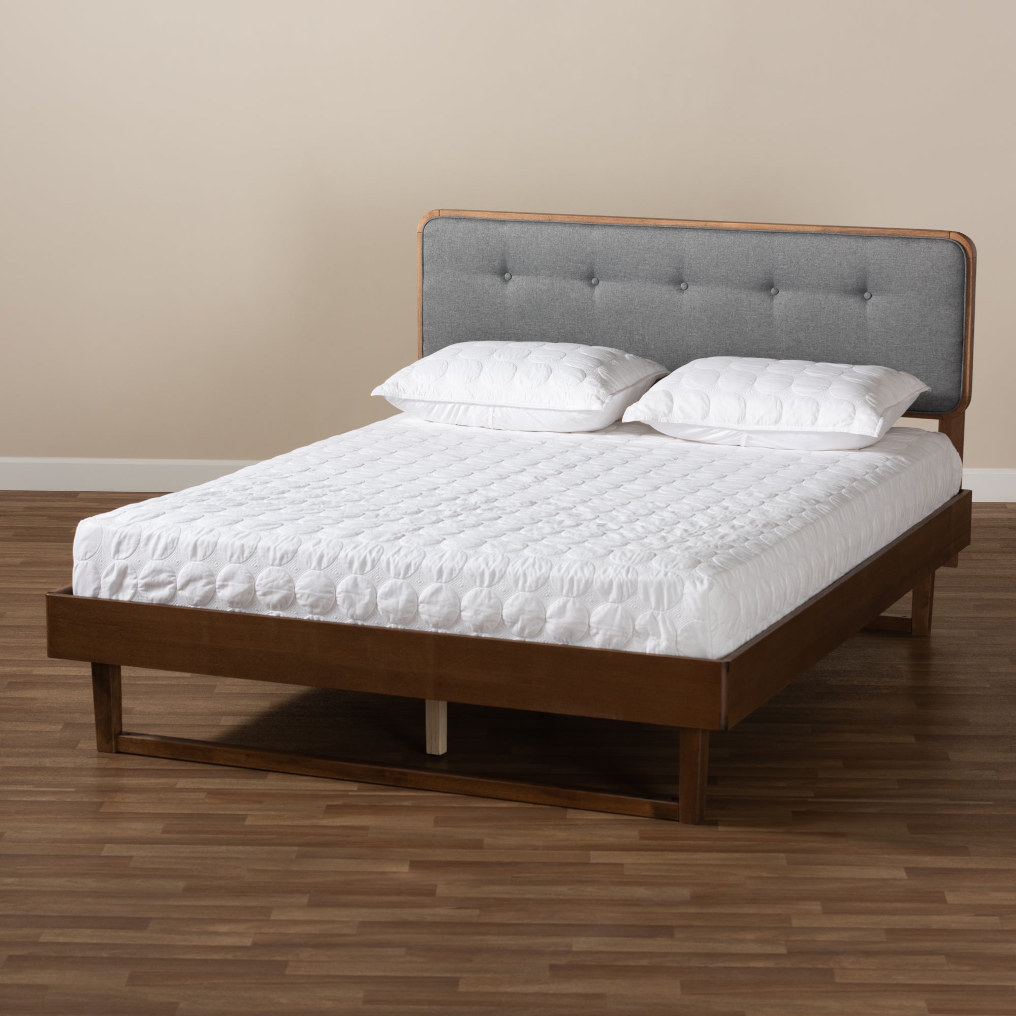 Natalia Mid-Century Modern Fabric Upholstered and Finished Wood Platform Bed