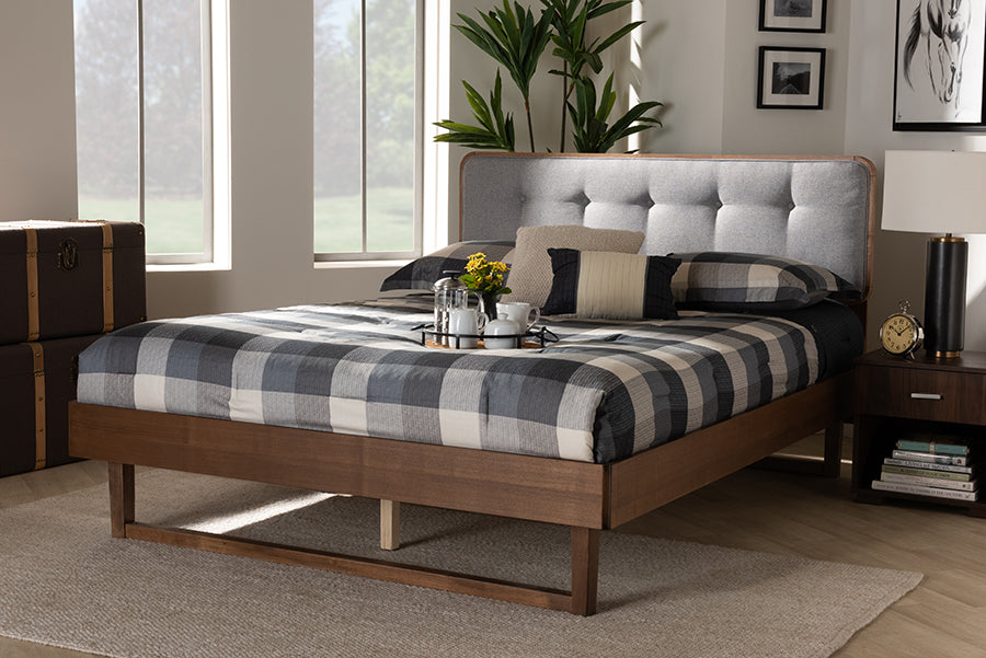 Natalia Mid-Century Modern Fabric Upholstered and Finished Wood Platform Bed