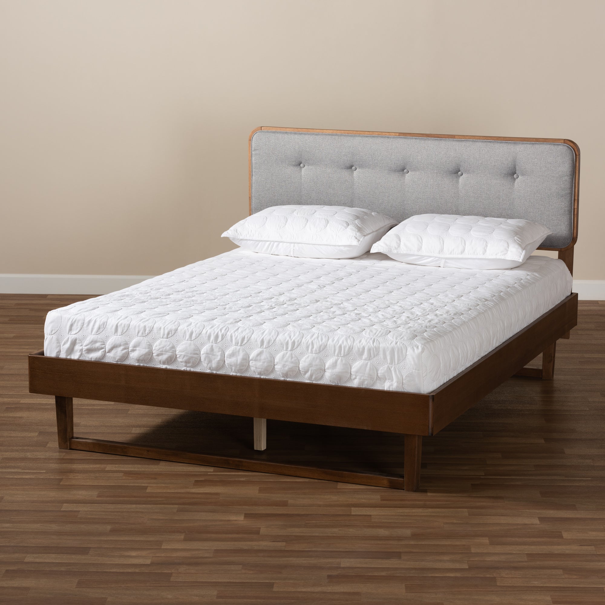 Natalia Mid-Century Modern Fabric Upholstered and Finished Wood Platform Bed
