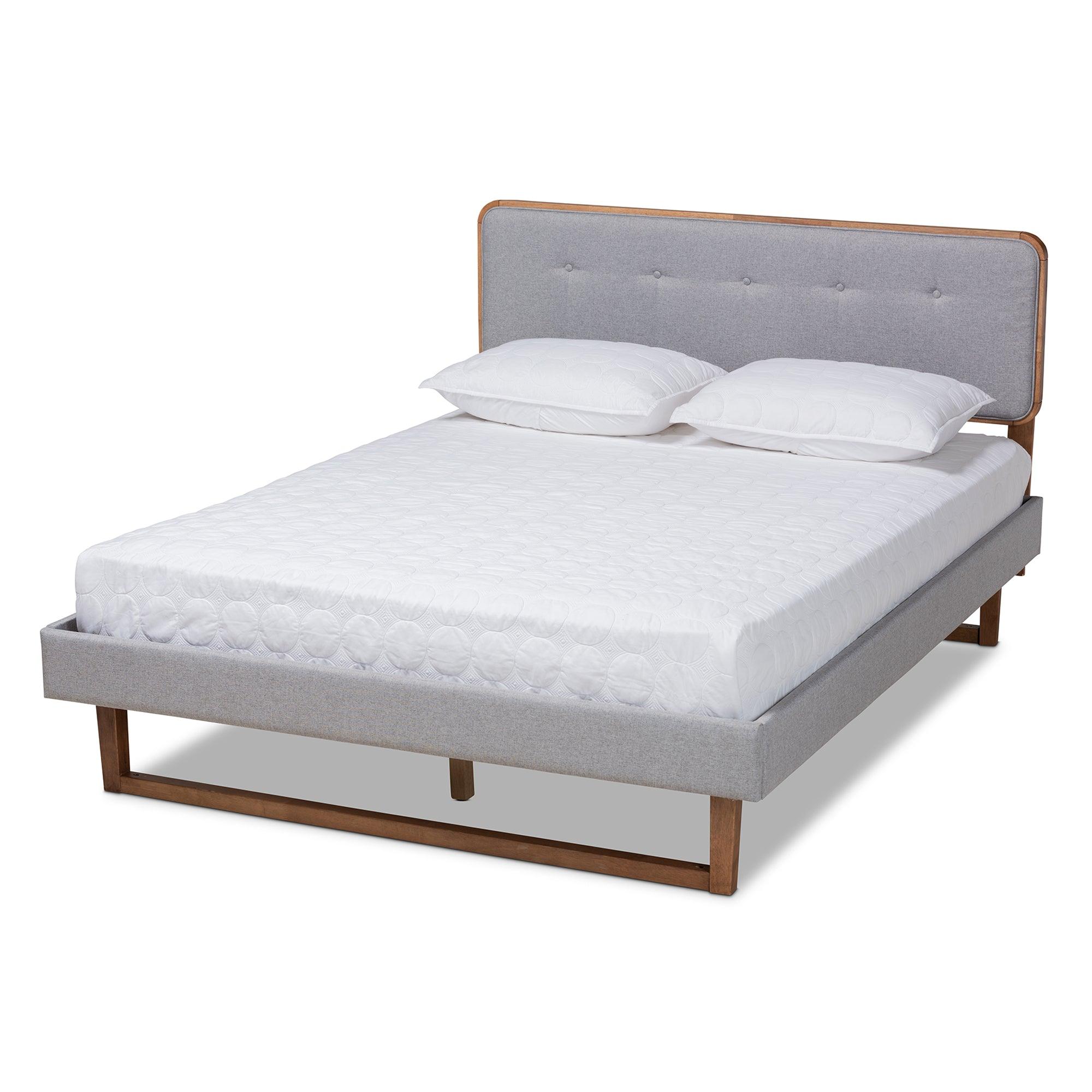 Sofia Mid-Century Modern Light Fabric Upholstered and Ash Finished Wood Platform Bed