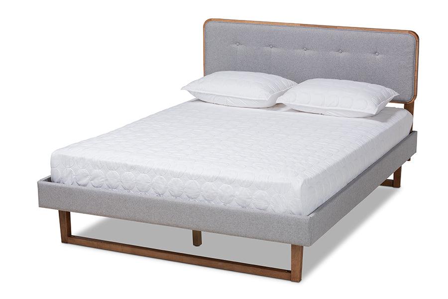 Sofia Mid-Century Modern Light Fabric Upholstered and Ash Finished Wood Platform Bed